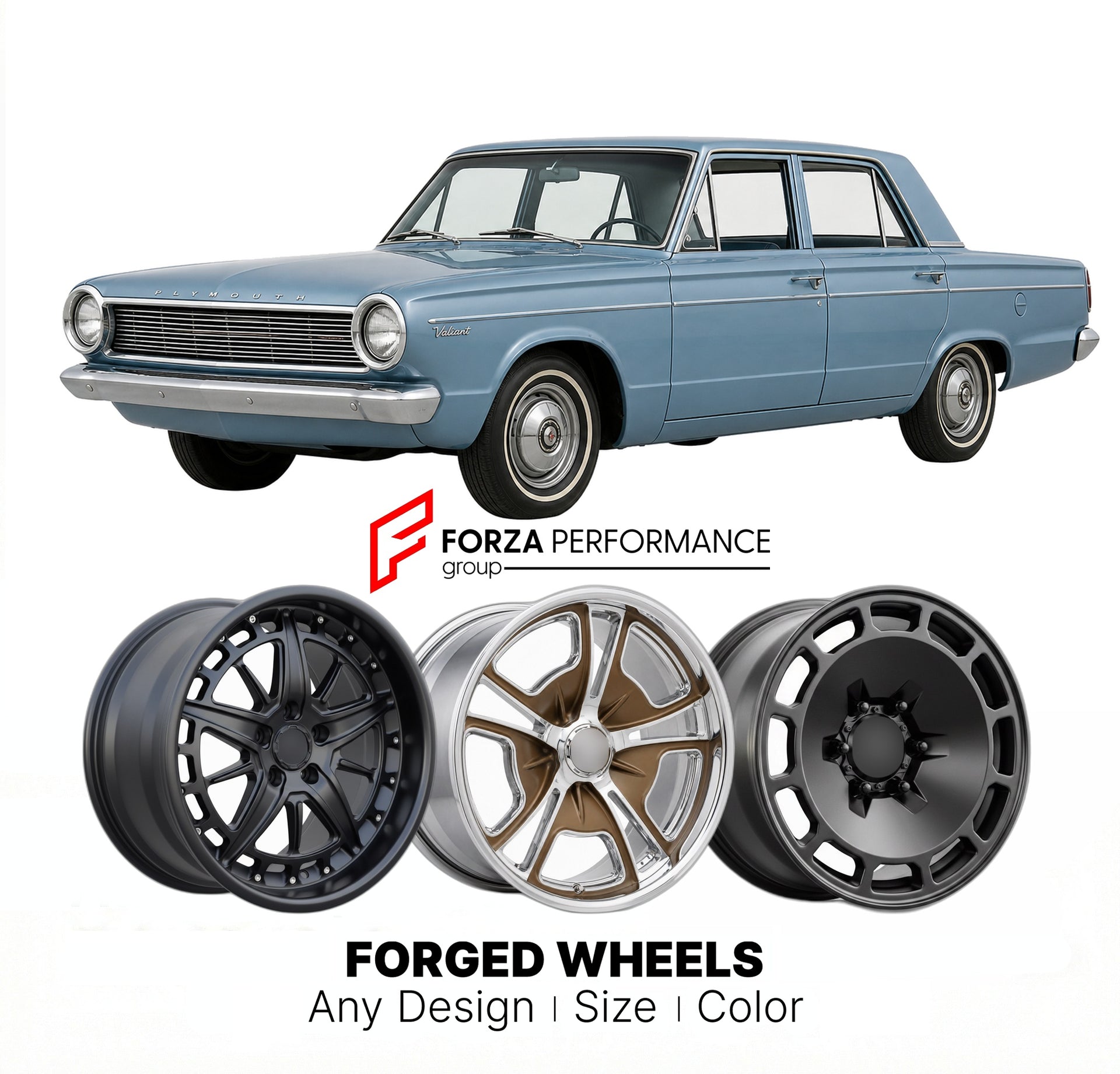 CUSTOM CLASSIC VINTAGE RESTOMOD RETRO OLD SCHOOL FORGED WHEELS RIMS for PLYMOUTH VALIANT 1967 - 1973
Custom forged wheels for classic American muscle cars. Ideal for restomod builds, vintage restorations, and show cars. Deep dish and retro styling available.

We manufacture premium quality forged wheels rims for Plymouth Valiant 1967 - 1973 in any design, size, color.

THIS WHEEL DESIGN CAN BE CUSTOM-MADE FOR YOUR CAR IN ANY SIZE AND COLOR OPTIONS
Available in monoblock, 2-piece, 3-piece, duoblock, beadlock