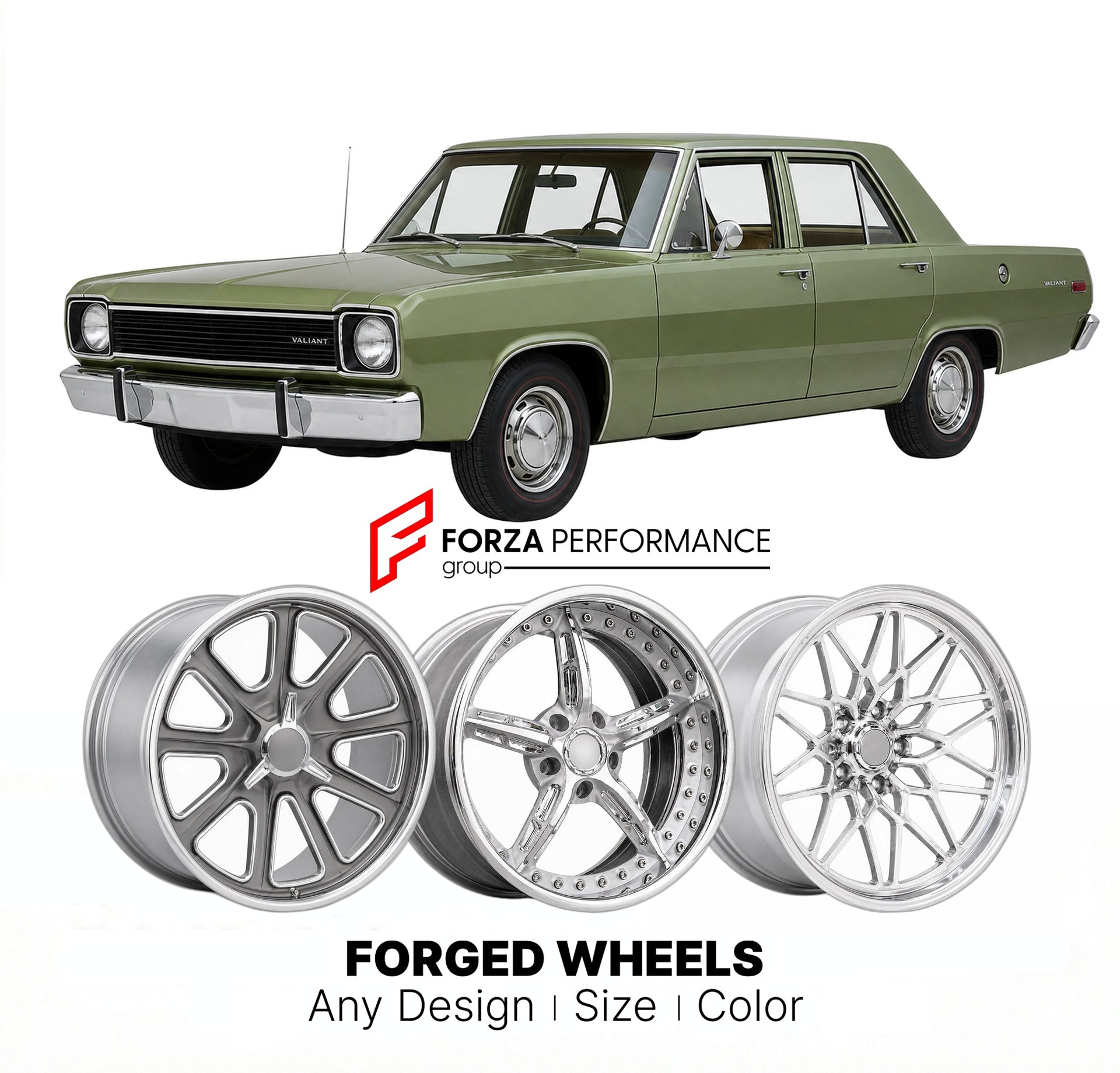 CUSTOM CLASSIC VINTAGE RESTOMOD RETRO OLD SCHOOL FORGED WHEELS RIMS for PLYMOUTH VALIANT 1974 - 1976
Custom forged wheels for classic American muscle cars. Ideal for restomod builds, vintage restorations, and show cars. Deep dish and retro styling available.

We manufacture premium quality forged wheels rims for Plymouth Valiant 1974 - 1976 in any design, size, color.

THIS WHEEL DESIGN CAN BE CUSTOM-MADE FOR YOUR CAR IN ANY SIZE AND COLOR OPTIONS
Available in monoblock, 2-piece, 3-piece, duoblock, beadlock