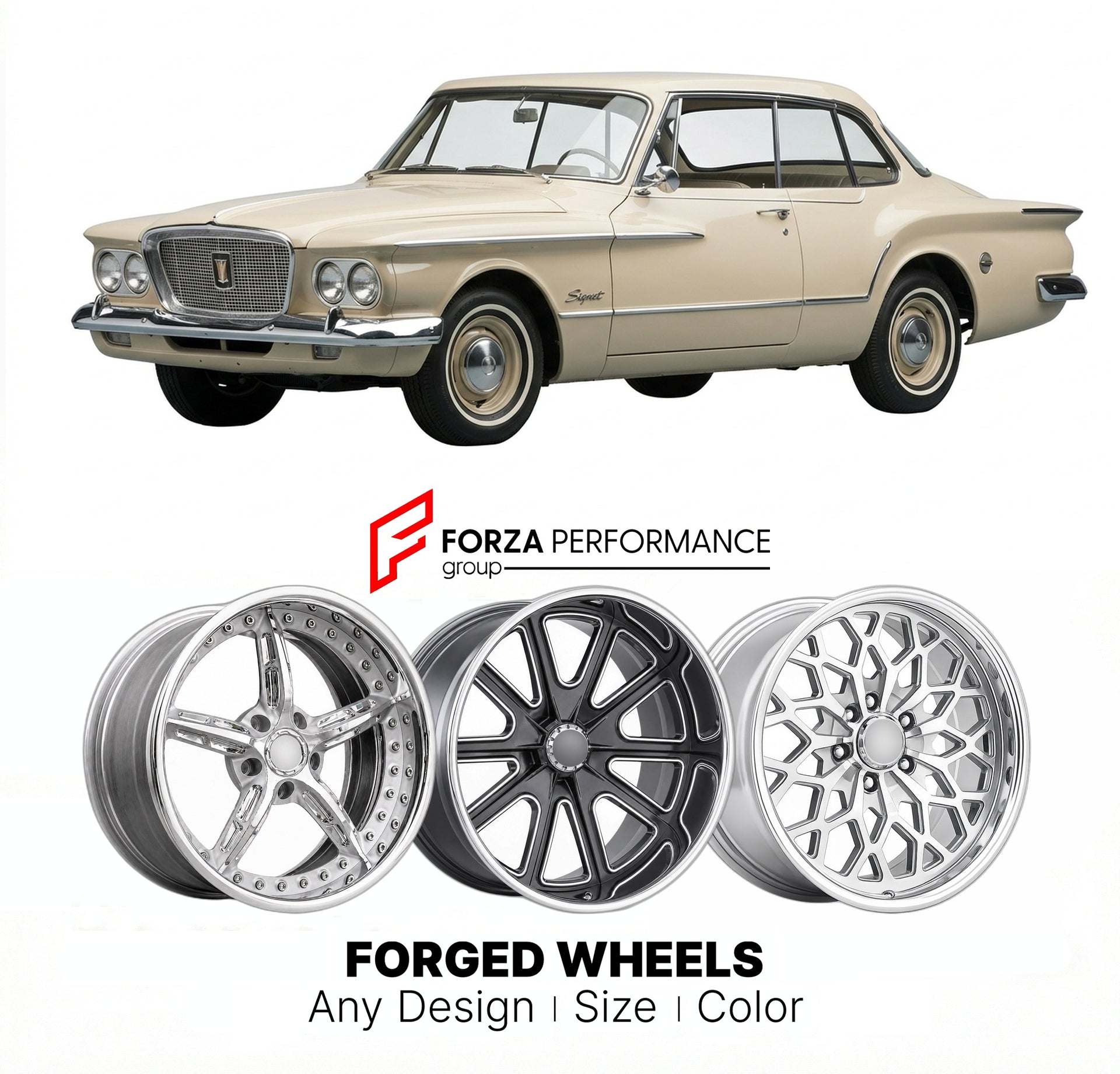 CUSTOM CLASSIC VINTAGE RESTOMOD RETRO OLD SCHOOL FORGED WHEELS RIMS for PLYMOUTH VALIANT SIGNET 1960 - 1962
Custom forged wheels for classic American muscle cars. Ideal for restomod builds, vintage restorations, and show cars. Deep dish and retro styling available.

We manufacture premium quality forged wheels rims for Plymouth Valiant Signet 1960 - 1962 in any design, size, color.

THIS WHEEL DESIGN CAN BE CUSTOM-MADE FOR YOUR CAR IN ANY SIZE AND COLOR OPTIONS
Available in monoblock, 2-piece, 3-piece, duob