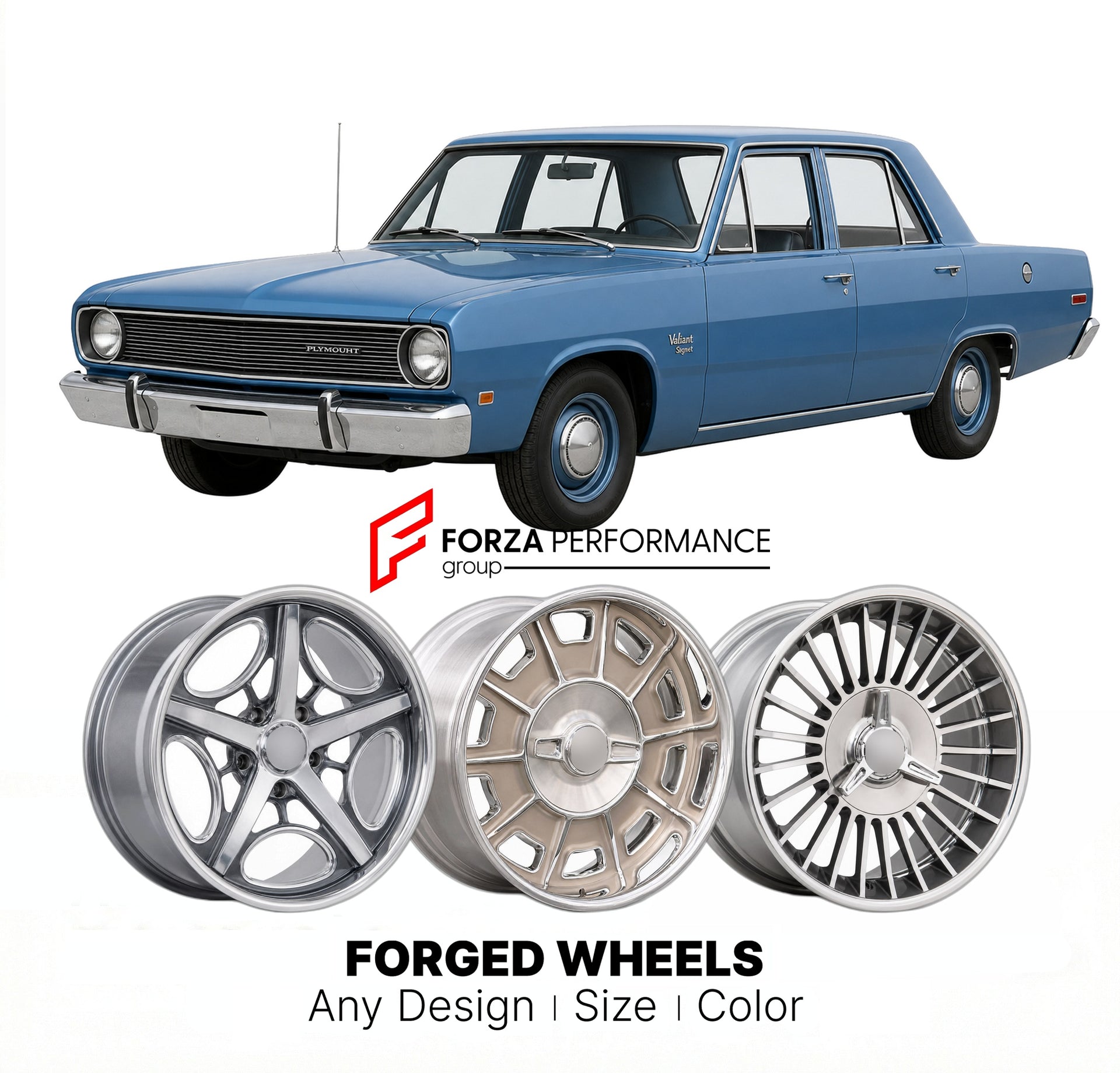 CUSTOM CLASSIC VINTAGE RESTOMOD RETRO OLD SCHOOL FORGED WHEELS RIMS for PLYMOUTH VALIANT SIGNET 1974 - 1976
Custom forged wheels for classic American muscle cars. Ideal for restomod builds, vintage restorations, and show cars. Deep dish and retro styling available.

We manufacture premium quality forged wheels rims for Plymouth Valiant Signet 1974 - 1976 in any design, size, color.

THIS WHEEL DESIGN CAN BE CUSTOM-MADE FOR YOUR CAR IN ANY SIZE AND COLOR OPTIONS
Available in monoblock, 2-piece, 3-piece, duob