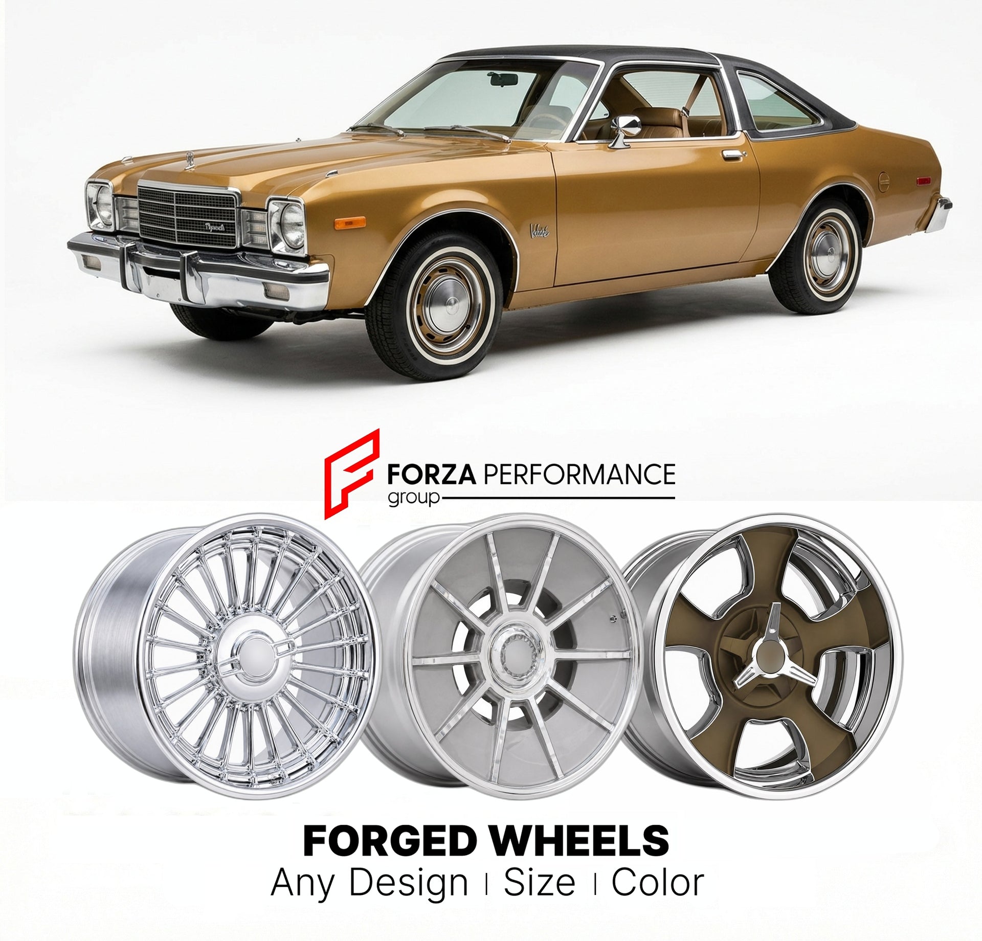 CUSTOM CLASSIC VINTAGE RESTOMOD RETRO OLD SCHOOL FORGED WHEELS RIMS for PLYMOUTH VOLARE 1976 - 1980
Custom forged wheels for classic American muscle cars. Ideal for restomod builds, vintage restorations, and show cars. Deep dish and retro styling available.

We manufacture premium quality forged wheels rims for Plymouth Volare 1976 - 1980 in any design, size, color.

THIS WHEEL DESIGN CAN BE CUSTOM-MADE FOR YOUR CAR IN ANY SIZE AND COLOR OPTIONS
Available in monoblock, 2-piece, 3-piece, duoblock, beadlock
3