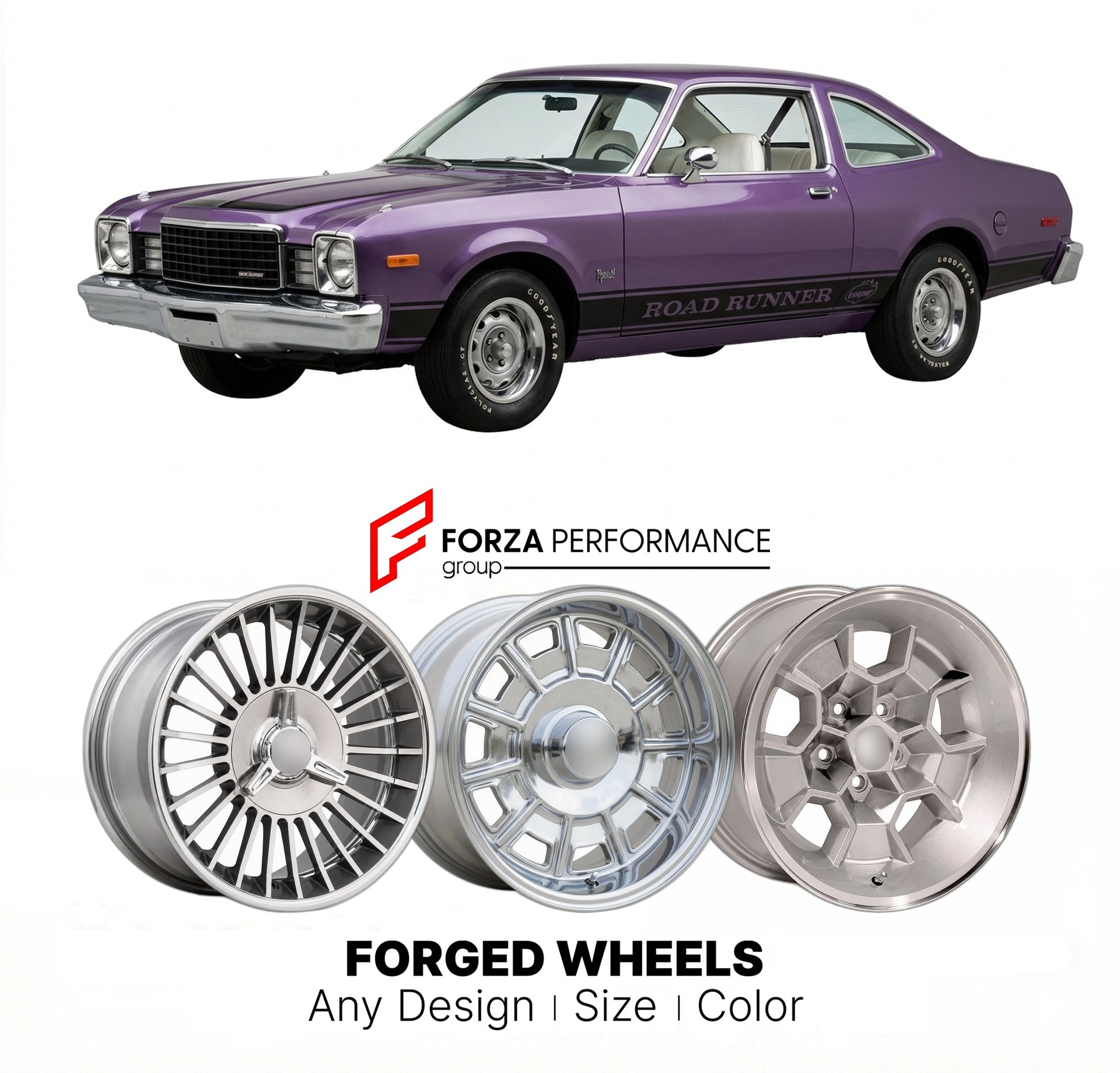 CUSTOM CLASSIC VINTAGE RESTOMOD RETRO OLD SCHOOL FORGED WHEELS RIMS for PLYMOUTH VOLARE ROAD RUNNER 1976 - 1977
Custom forged wheels for classic American muscle cars. Ideal for restomod builds, vintage restorations, and show cars. Deep dish and retro styling available.

We manufacture premium quality forged wheels rims for Plymouth Volare Road Runner 1976 - 1977 in any design, size, color.

THIS WHEEL DESIGN CAN BE CUSTOM-MADE FOR YOUR CAR IN ANY SIZE AND COLOR OPTIONS
Available in monoblock, 2-piece, 3-pie