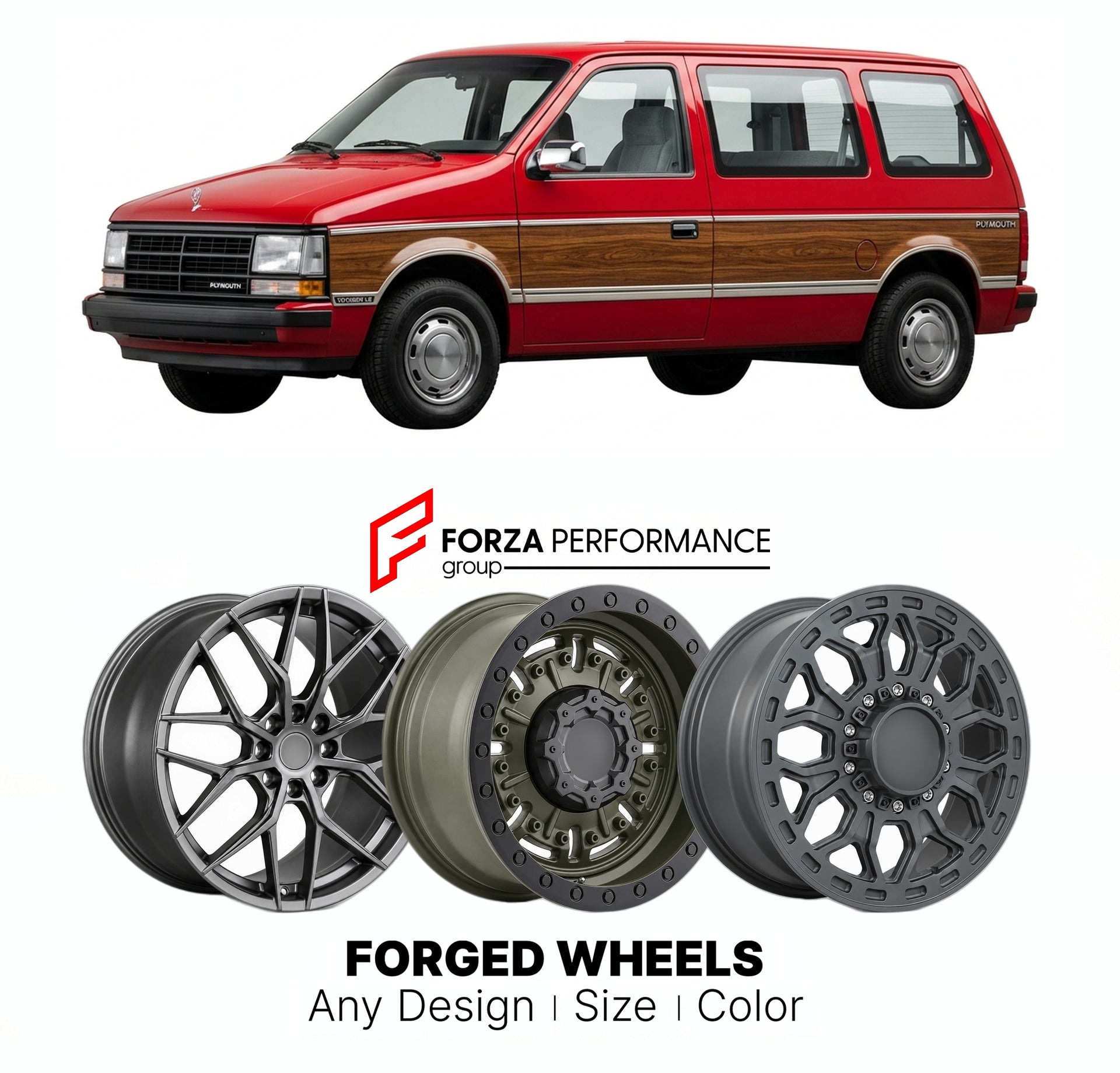 FORGED WHEELS RIMS for PLYMOUTH VOYAGER 1990 - 1995

Custom forged wheels for Plymouth Voyager 1990 - 1995. Made-to-order monoblock, 2-piece and 3-piece rims in custom sizes, offsets, colors and finishes with guaranteed fitment.

We manufacture premium quality forged wheels rims for Plymouth Voyager 1990 - 1995 in any design, size, color.

THIS WHEEL DESIGN CAN BE CUSTOM-MADE FOR YOUR CAR IN ANY SIZE AND COLOR OPTIONS
Available in monoblock, 2-piece, 3-piece, duoblock, beadlock
3D wheel renderings are provi