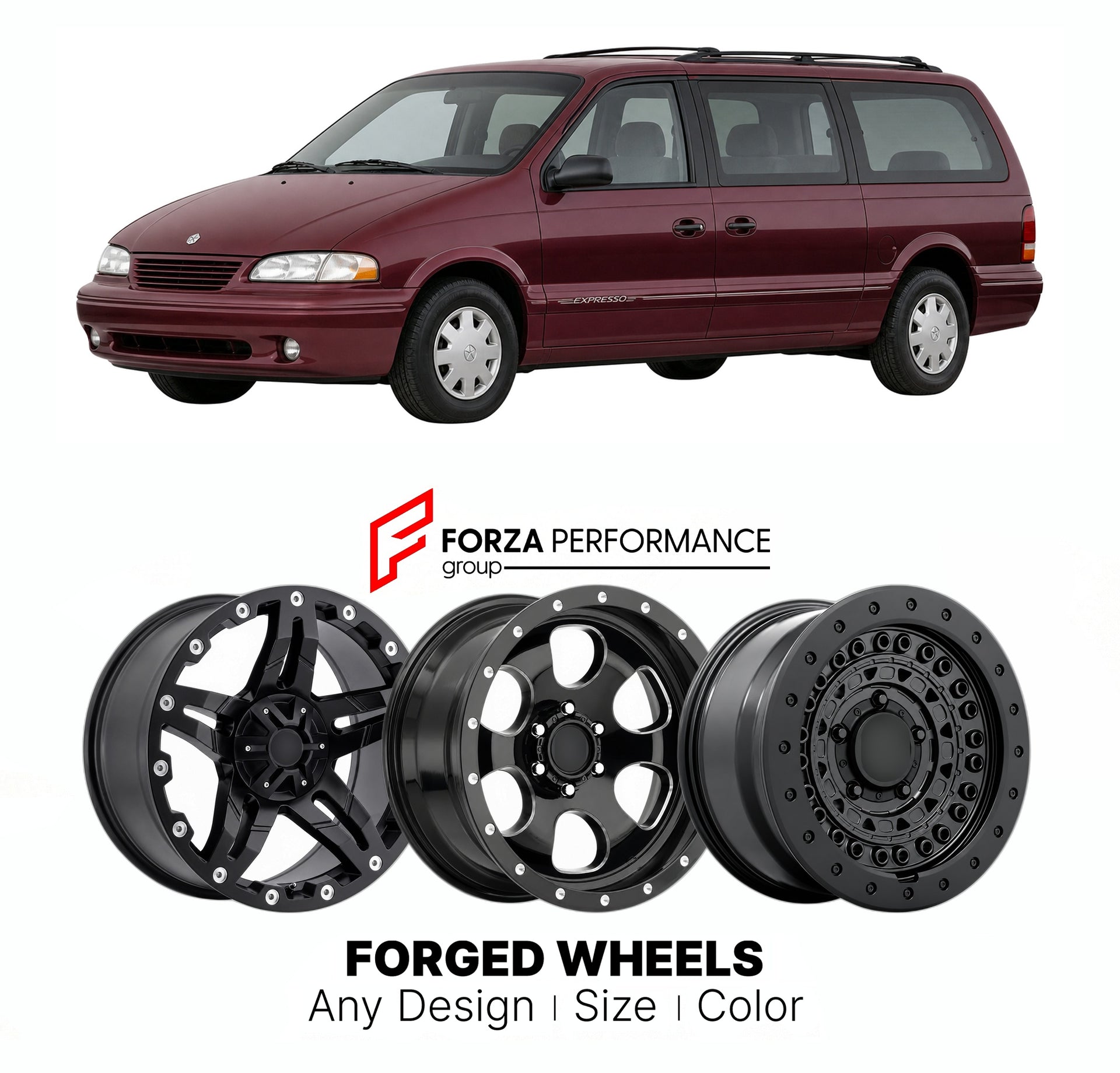 FORGED WHEELS RIMS for PLYMOUTH VOYAGER EXPRESSO 1991 - 2000

Custom forged wheels for Plymouth Voyager Expresso 1991 - 2000. Made-to-order monoblock, 2-piece and 3-piece rims in custom sizes, offsets, colors and finishes with guaranteed fitment.

We manufacture premium quality forged wheels rims for Plymouth Voyager Expresso 1991 - 2000 in any design, size, color.

THIS WHEEL DESIGN CAN BE CUSTOM-MADE FOR YOUR CAR IN ANY SIZE AND COLOR OPTIONS
Available in monoblock, 2-piece, 3-piece, duoblock, beadlock
3D