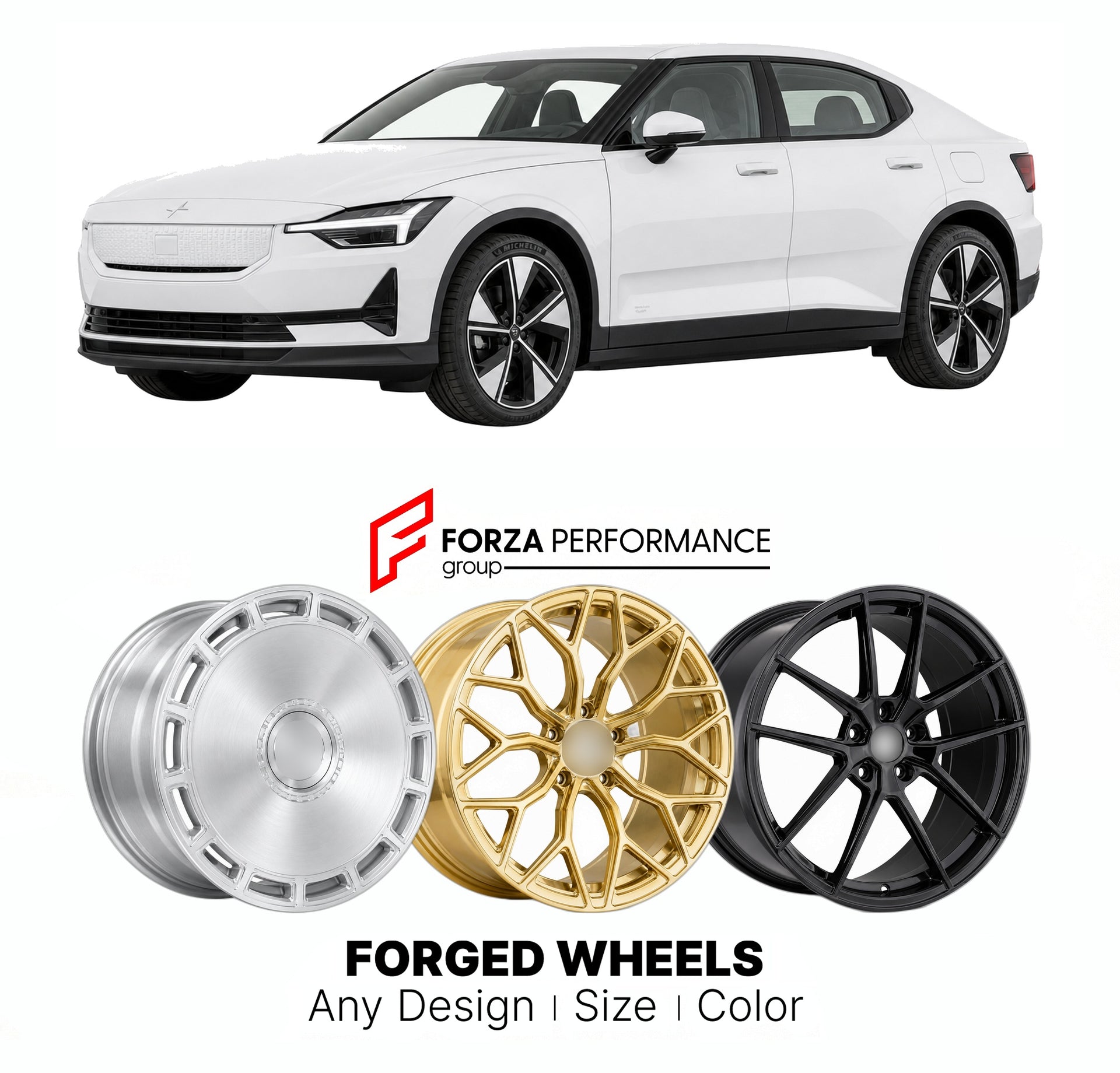 Custom forged wheels for Polestar Geely 2 2020+. Made-to-order monoblock, 2-piece and 3-piece wheels in custom sizes, offsets, colors and finishes with guaranteed vehicle fitment.

We manufacture premium quality forged wheels rims for Polestar Geely 2 2020+ in any design, size, color.

THIS WHEEL DESIGN CAN BE CUSTOM-MADE FOR YOUR CAR IN ANY SIZE AND COLOR OPTIONS
Available in monoblock, 2-piece, 3-piece, duoblock, beadlock
3D wheel renderings are provided according to the exact dimensions and specification