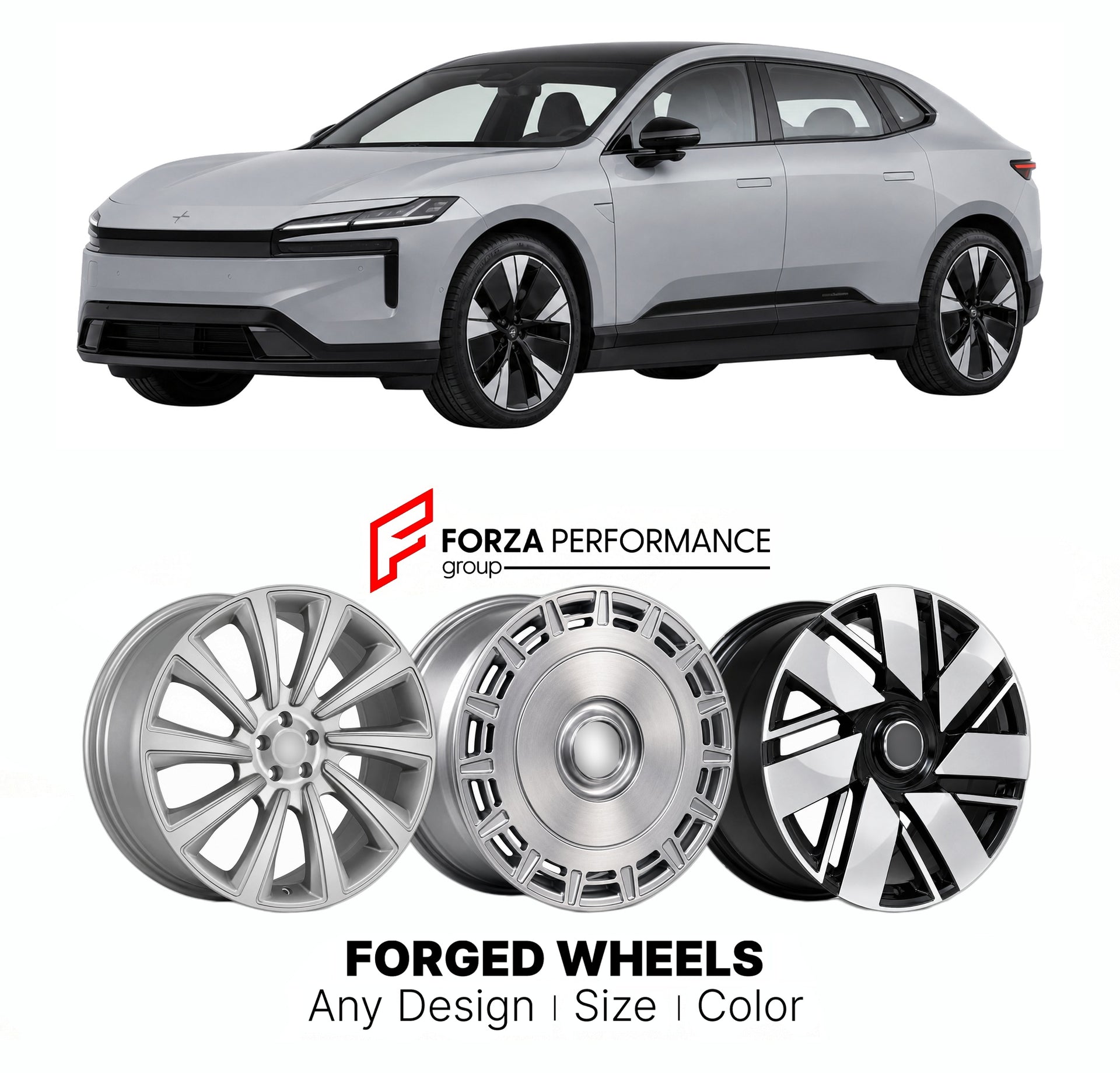 Custom forged wheels for Polestar Geely 3 2024+. Made-to-order monoblock, 2-piece and 3-piece wheels in custom sizes, offsets, colors and finishes with guaranteed vehicle fitment.

We manufacture premium quality forged wheels rims for Polestar Geely 3 2024+ in any design, size, color.

THIS WHEEL DESIGN CAN BE CUSTOM-MADE FOR YOUR CAR IN ANY SIZE AND COLOR OPTIONS
Available in monoblock, 2-piece, 3-piece, duoblock, beadlock
3D wheel renderings are provided according to the exact dimensions and specification
