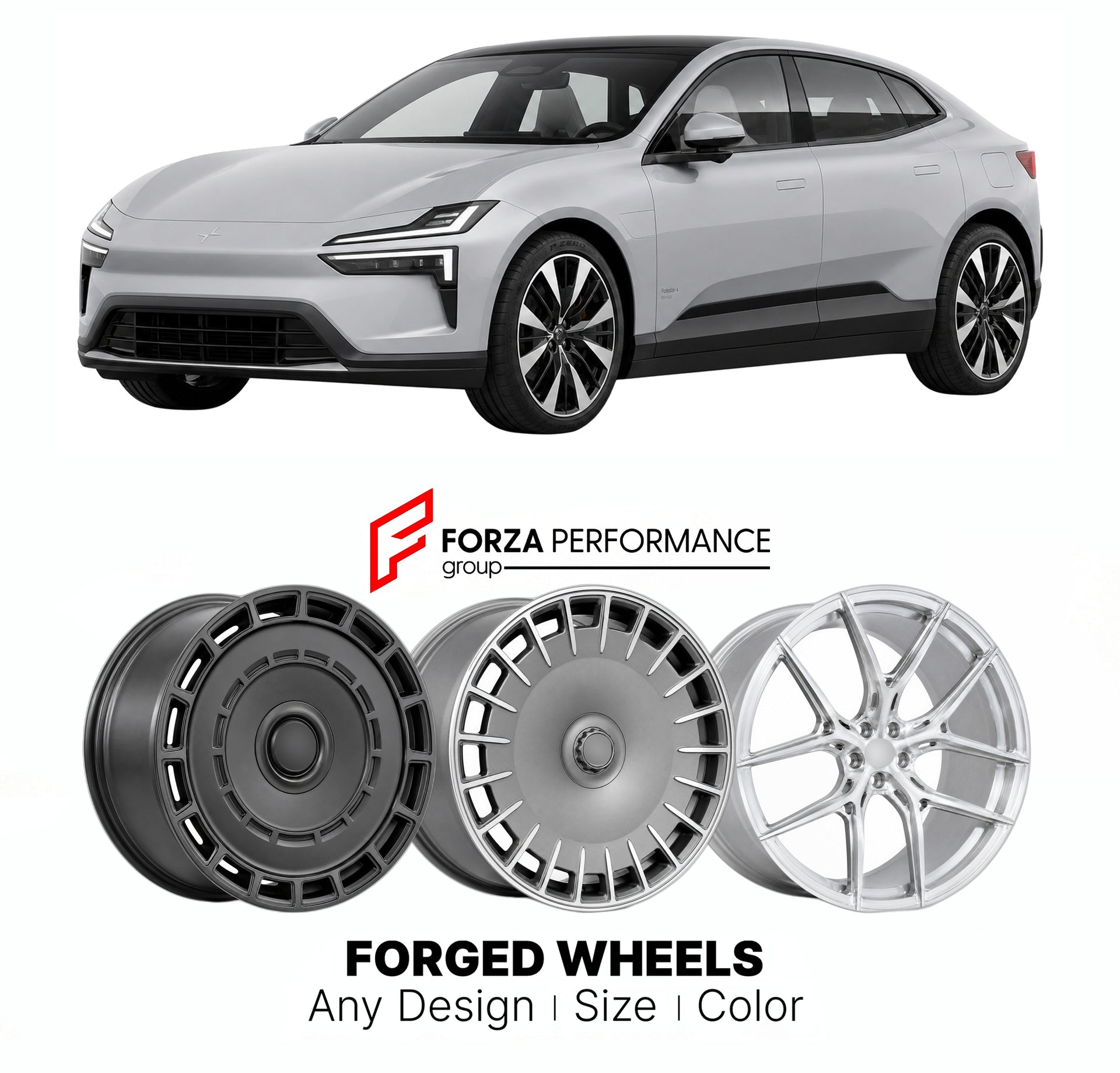 Custom forged wheels for Polestar Geely 4 2023+. Made-to-order monoblock, 2-piece and 3-piece wheels in custom sizes, offsets, colors and finishes with guaranteed vehicle fitment.

We manufacture premium quality forged wheels rims for Polestar Geely 4 2023+ in any design, size, color.

THIS WHEEL DESIGN CAN BE CUSTOM-MADE FOR YOUR CAR IN ANY SIZE AND COLOR OPTIONS
Available in monoblock, 2-piece, 3-piece, duoblock, beadlock
3D wheel renderings are provided according to the exact dimensions and specification