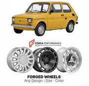 CUSTOM CLASSIC VINTAGE RESTOMOD RETRO OLD SCHOOL FORGED WHEELS RIMS for POLSKI FIAT 126P 1973 - 2000

Custom forged wheels for Polski Fiat 126p 1973 - 2000. Classic, vintage, restomod wheel designs made to order in custom sizes, offsets, colors and finishes.

We manufacture premium quality forged wheels rims for Polski Fiat 126p 1973 - 2000 in any design, size, color.

THIS WHEEL DESIGN CAN BE CUSTOM-MADE FOR YOUR CAR IN ANY SIZE AND COLOR OPTIONS
Available in monoblock, 2-piece, 3-piece, duoblock, beadlock