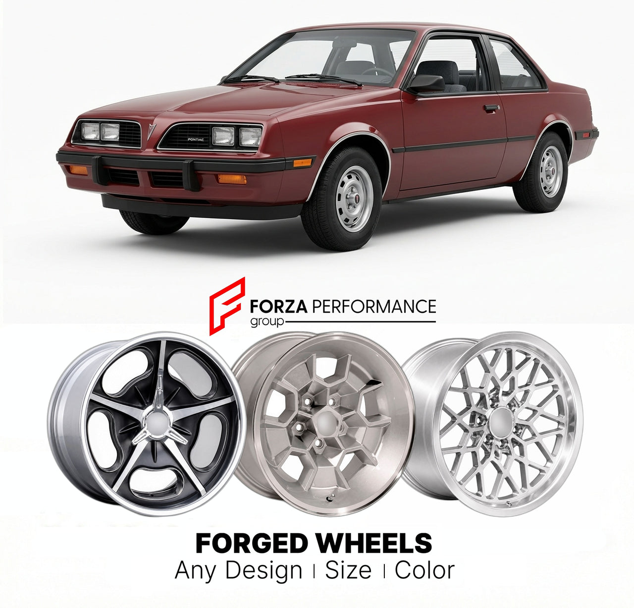 CUSTOM CLASSIC VINTAGE RESTOMOD RETRO OLD SCHOOL FORGED WHEELS RIMS for PONTIAC 2000 SUNBIRD 1983 - 1984
Custom forged wheels for classic American muscle cars. Ideal for restomod builds, vintage restorations, and show cars. Deep dish and retro styling available.

We manufacture premium quality forged wheels rims for Pontiac 2000 Sunbird 1983 - 1984 in any design, size, color.

THIS WHEEL DESIGN CAN BE CUSTOM-MADE FOR YOUR CAR IN ANY SIZE AND COLOR OPTIONS
Available in monoblock, 2-piece, 3-piece, duoblock, 