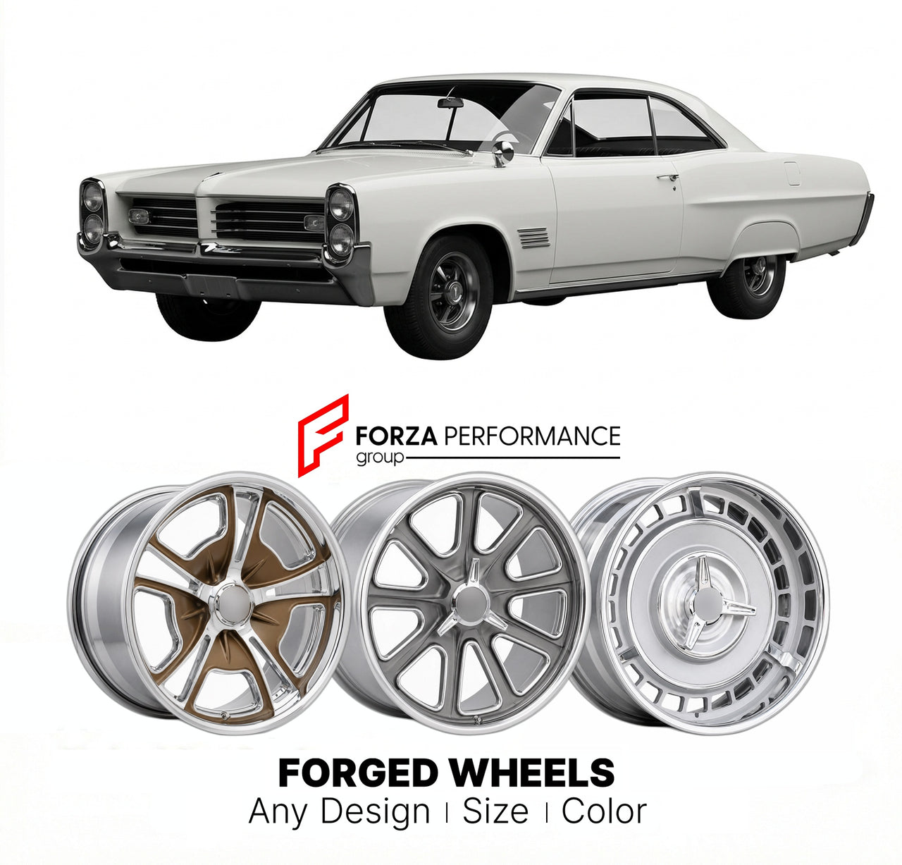 CUSTOM CLASSIC VINTAGE RESTOMOD RETRO OLD SCHOOL FORGED WHEELS RIMS for PONTIAC 2+2 1964 - 1967
Custom forged wheels for classic American muscle cars. Ideal for restomod builds, vintage restorations, and show cars. Deep dish and retro styling available.

We manufacture premium quality forged wheels rims for Pontiac 2+2 1964 - 1967 in any design, size, color.

THIS WHEEL DESIGN CAN BE CUSTOM-MADE FOR YOUR CAR IN ANY SIZE AND COLOR OPTIONS
Available in monoblock, 2-piece, 3-piece, duoblock, beadlock
3D wheel 