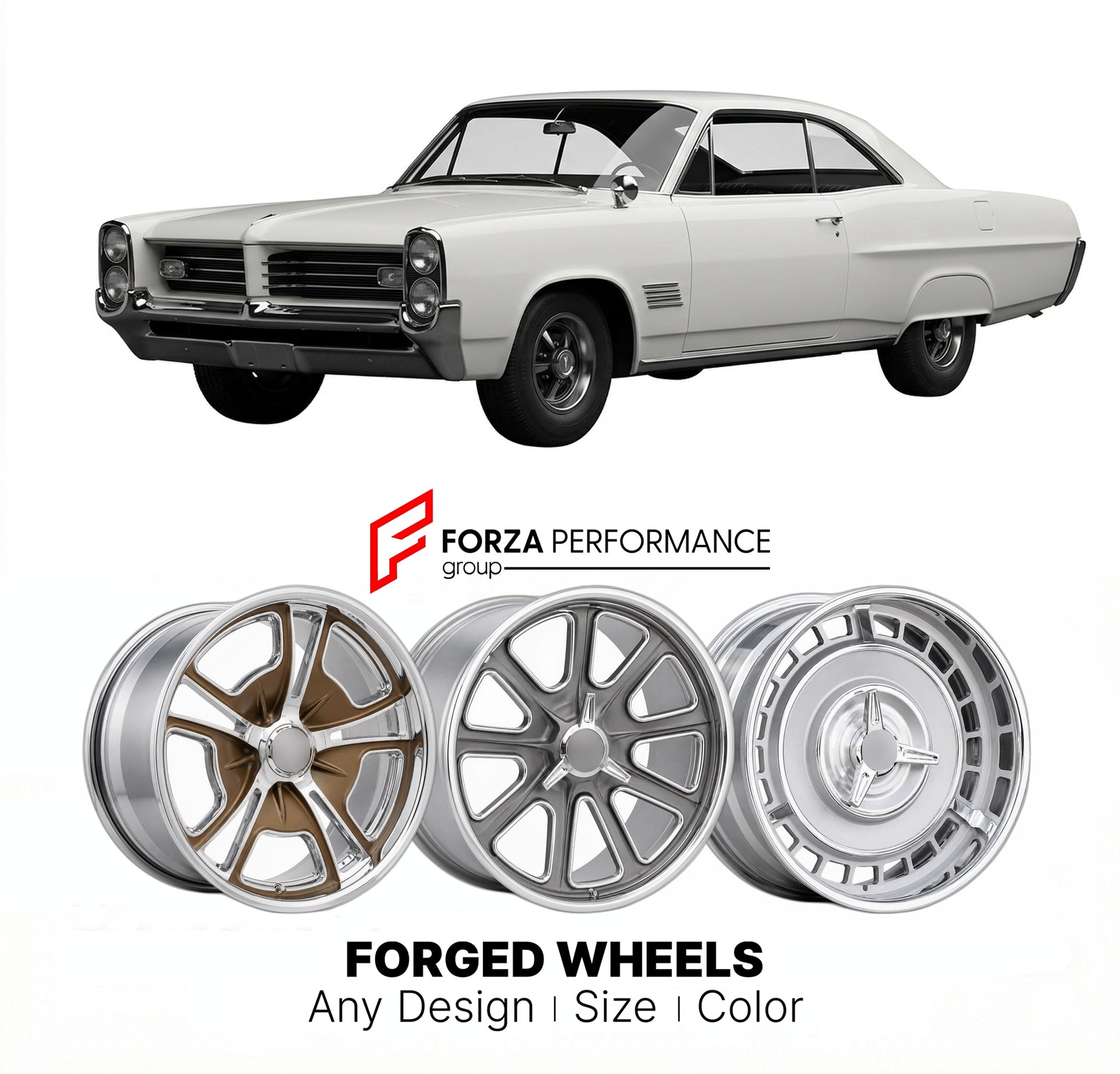 CUSTOM CLASSIC VINTAGE RESTOMOD RETRO OLD SCHOOL FORGED WHEELS RIMS for PONTIAC 2+2 1964 - 1967
Custom forged wheels for classic American muscle cars. Ideal for restomod builds, vintage restorations, and show cars. Deep dish and retro styling available.

We manufacture premium quality forged wheels rims for Pontiac 2+2 1964 - 1967 in any design, size, color.

THIS WHEEL DESIGN CAN BE CUSTOM-MADE FOR YOUR CAR IN ANY SIZE AND COLOR OPTIONS
Available in monoblock, 2-piece, 3-piece, duoblock, beadlock
3D wheel 