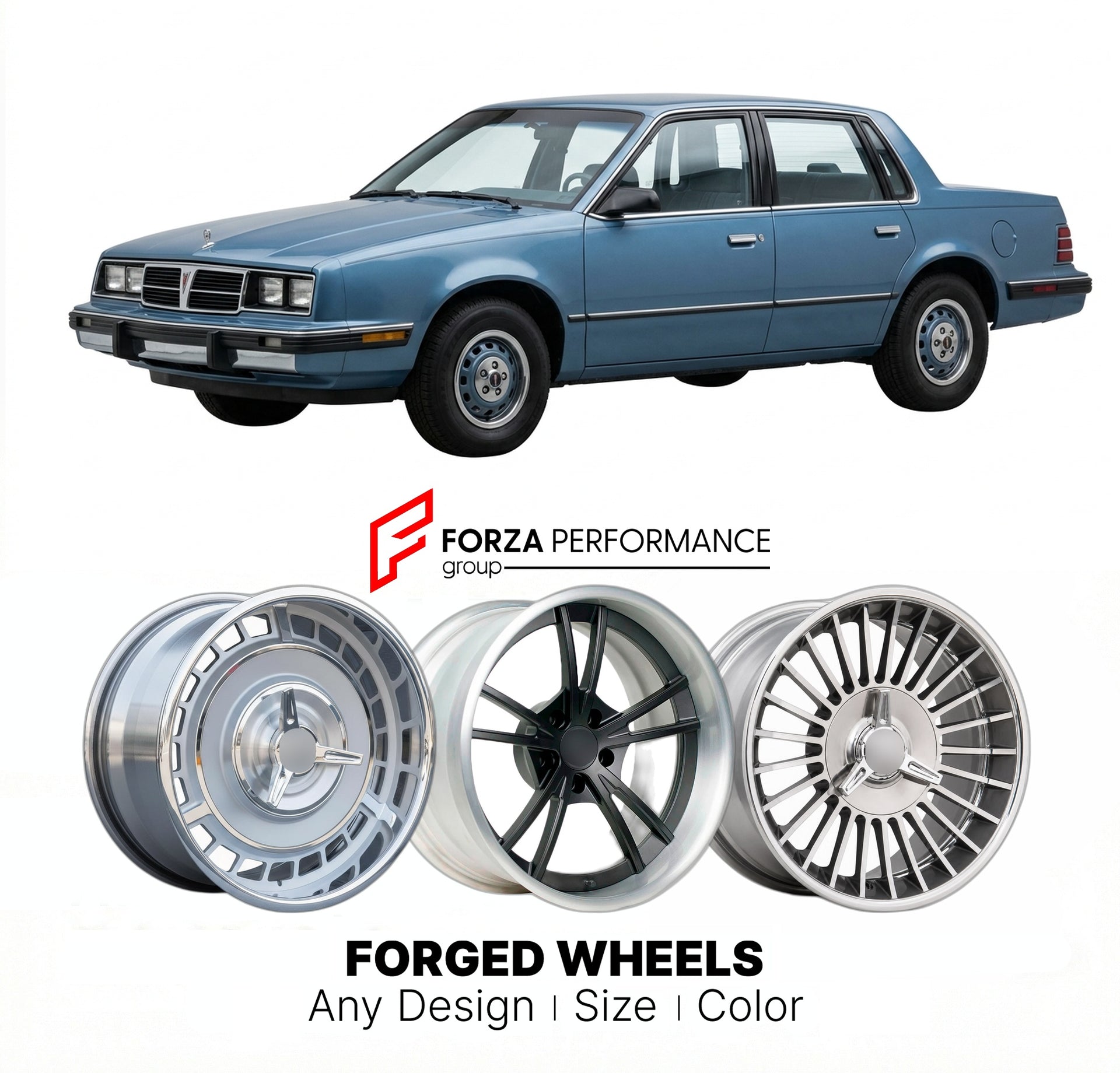 CUSTOM CLASSIC VINTAGE RESTOMOD RETRO OLD SCHOOL FORGED WHEELS RIMS for PONTIAC 6000 1982 - 1990
Custom forged wheels for classic American muscle cars. Ideal for restomod builds, vintage restorations, and show cars. Deep dish and retro styling available.

We manufacture premium quality forged wheels rims for Pontiac 6000 1982 - 1990 in any design, size, color.

THIS WHEEL DESIGN CAN BE CUSTOM-MADE FOR YOUR CAR IN ANY SIZE AND COLOR OPTIONS
Available in monoblock, 2-piece, 3-piece, duoblock, beadlock
3D whee