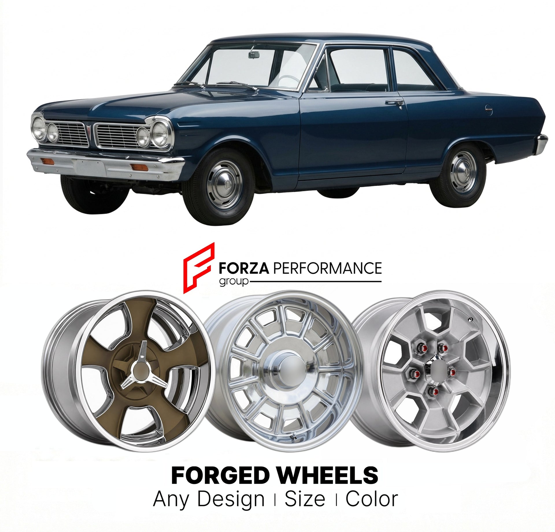 CUSTOM CLASSIC VINTAGE RESTOMOD RETRO OLD SCHOOL FORGED WHEELS RIMS for PONTIAC ACADIAN 1962 - 1971
Custom forged wheels for classic American muscle cars. Ideal for restomod builds, vintage restorations, and show cars. Deep dish and retro styling available.

We manufacture premium quality forged wheels rims for Pontiac Acadian 1962 - 1971 in any design, size, color.

THIS WHEEL DESIGN CAN BE CUSTOM-MADE FOR YOUR CAR IN ANY SIZE AND COLOR OPTIONS
Available in monoblock, 2-piece, 3-piece, duoblock, beadlock
3