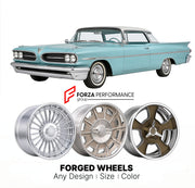 CUSTOM CLASSIC VINTAGE RESTOMOD RETRO OLD SCHOOL FORGED WHEELS RIMS for PONTIAC BONNEVILLE 1958 - 1960
Custom forged wheels for classic American muscle cars. Ideal for restomod builds, vintage restorations, and show cars. Deep dish and retro styling available.

We manufacture premium quality forged wheels rims for Pontiac Bonneville 1958 - 1960 in any design, size, color.

THIS WHEEL DESIGN CAN BE CUSTOM-MADE FOR YOUR CAR IN ANY SIZE AND COLOR OPTIONS
Available in monoblock, 2-piece, 3-piece, duoblock, bead