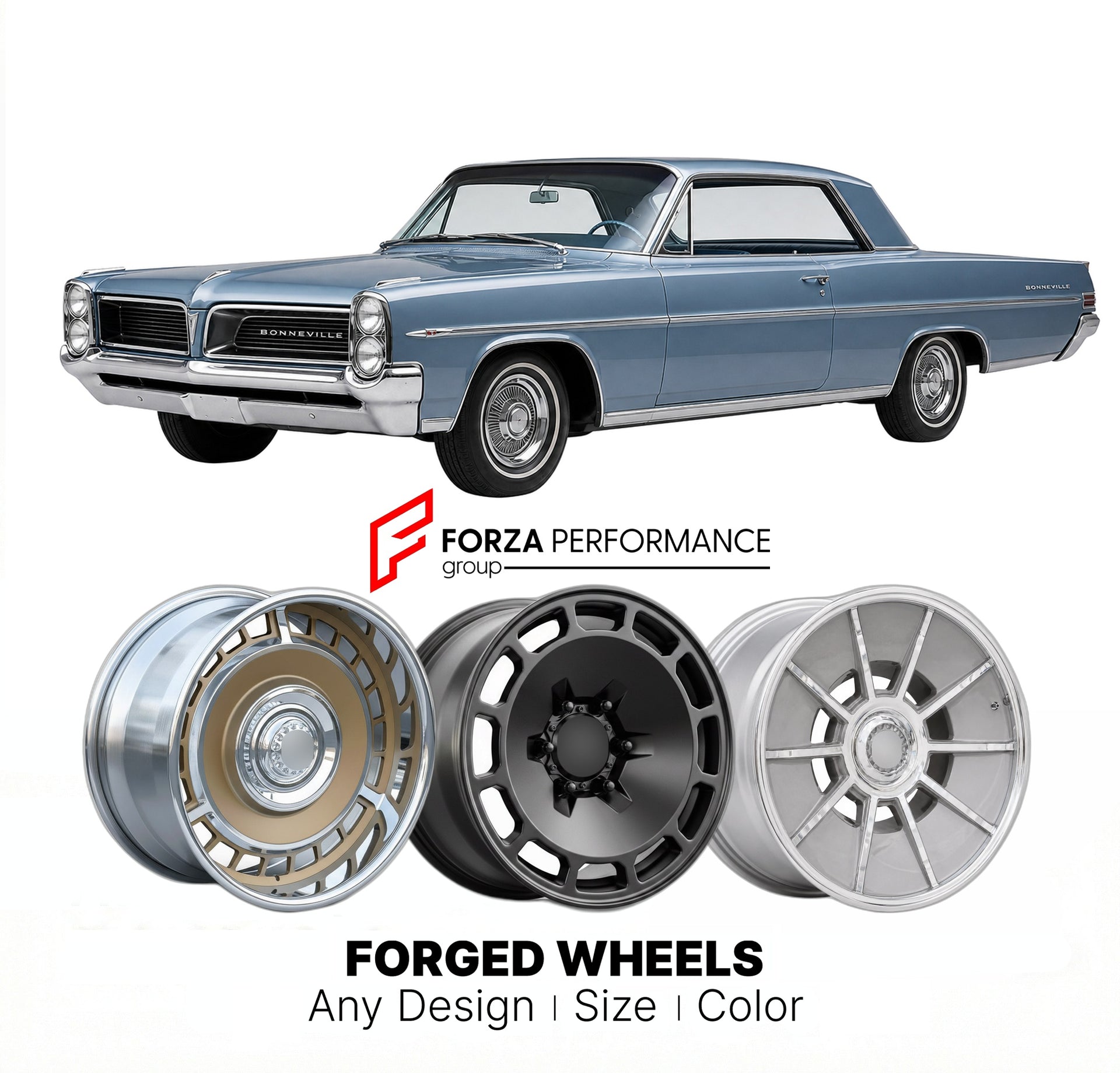 CUSTOM CLASSIC VINTAGE RESTOMOD RETRO OLD SCHOOL FORGED WHEELS RIMS for PONTIAC BONNEVILLE 1961 - 1964
Custom forged wheels for classic American muscle cars. Ideal for restomod builds, vintage restorations, and show cars. Deep dish and retro styling available.

We manufacture premium quality forged wheels rims for Pontiac Bonneville 1961 - 1964 in any design, size, color.

THIS WHEEL DESIGN CAN BE CUSTOM-MADE FOR YOUR CAR IN ANY SIZE AND COLOR OPTIONS
Available in monoblock, 2-piece, 3-piece, duoblock, bead