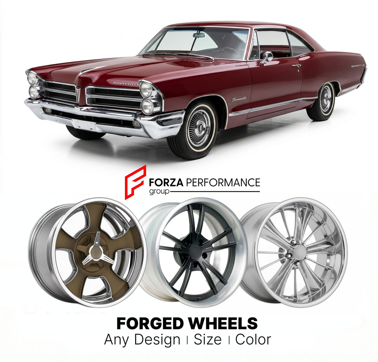 CUSTOM CLASSIC VINTAGE RESTOMOD RETRO OLD SCHOOL FORGED WHEELS RIMS for PONTIAC BONNEVILLE 1965 - 1970
Custom forged wheels for classic American muscle cars. Ideal for restomod builds, vintage restorations, and show cars. Deep dish and retro styling available.

We manufacture premium quality forged wheels rims for Pontiac Bonneville 1965 - 1970 in any design, size, color.

THIS WHEEL DESIGN CAN BE CUSTOM-MADE FOR YOUR CAR IN ANY SIZE AND COLOR OPTIONS
Available in monoblock, 2-piece, 3-piece, duoblock, bead