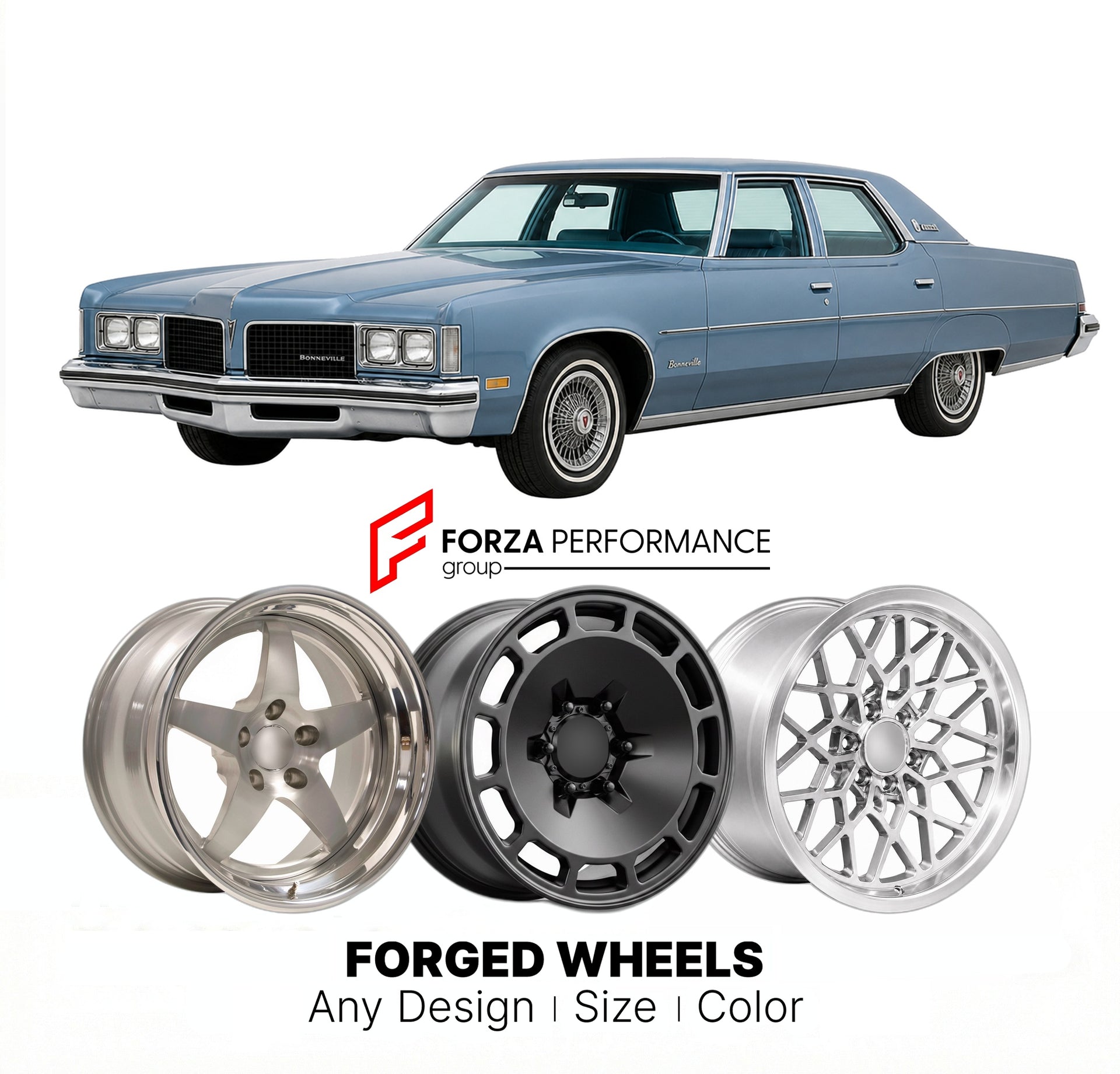 CUSTOM CLASSIC VINTAGE RESTOMOD RETRO OLD SCHOOL FORGED WHEELS RIMS for PONTIAC BONNEVILLE 1977 - 1981
Custom forged wheels for classic American muscle cars. Ideal for restomod builds, vintage restorations, and show cars. Deep dish and retro styling available.

We manufacture premium quality forged wheels rims for Pontiac Bonneville 1977 - 1981 in any design, size, color.

THIS WHEEL DESIGN CAN BE CUSTOM-MADE FOR YOUR CAR IN ANY SIZE AND COLOR OPTIONS
Available in monoblock, 2-piece, 3-piece, duoblock, bead