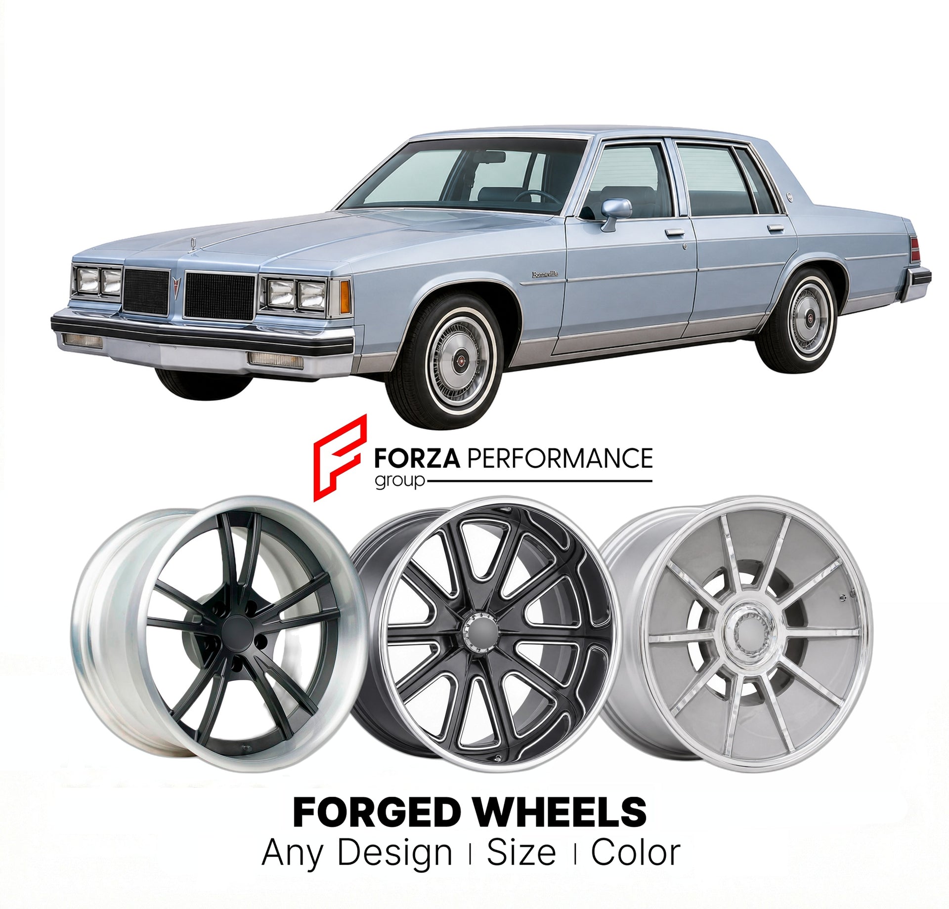 CUSTOM CLASSIC VINTAGE RESTOMOD RETRO OLD SCHOOL FORGED WHEELS RIMS for PONTIAC BONNEVILLE 1982 - 1986
Custom forged wheels for classic American muscle cars. Ideal for restomod builds, vintage restorations, and show cars. Deep dish and retro styling available.

We manufacture premium quality forged wheels rims for Pontiac Bonneville 1982 - 1986 in any design, size, color.

THIS WHEEL DESIGN CAN BE CUSTOM-MADE FOR YOUR CAR IN ANY SIZE AND COLOR OPTIONS
Available in monoblock, 2-piece, 3-piece, duoblock, bead