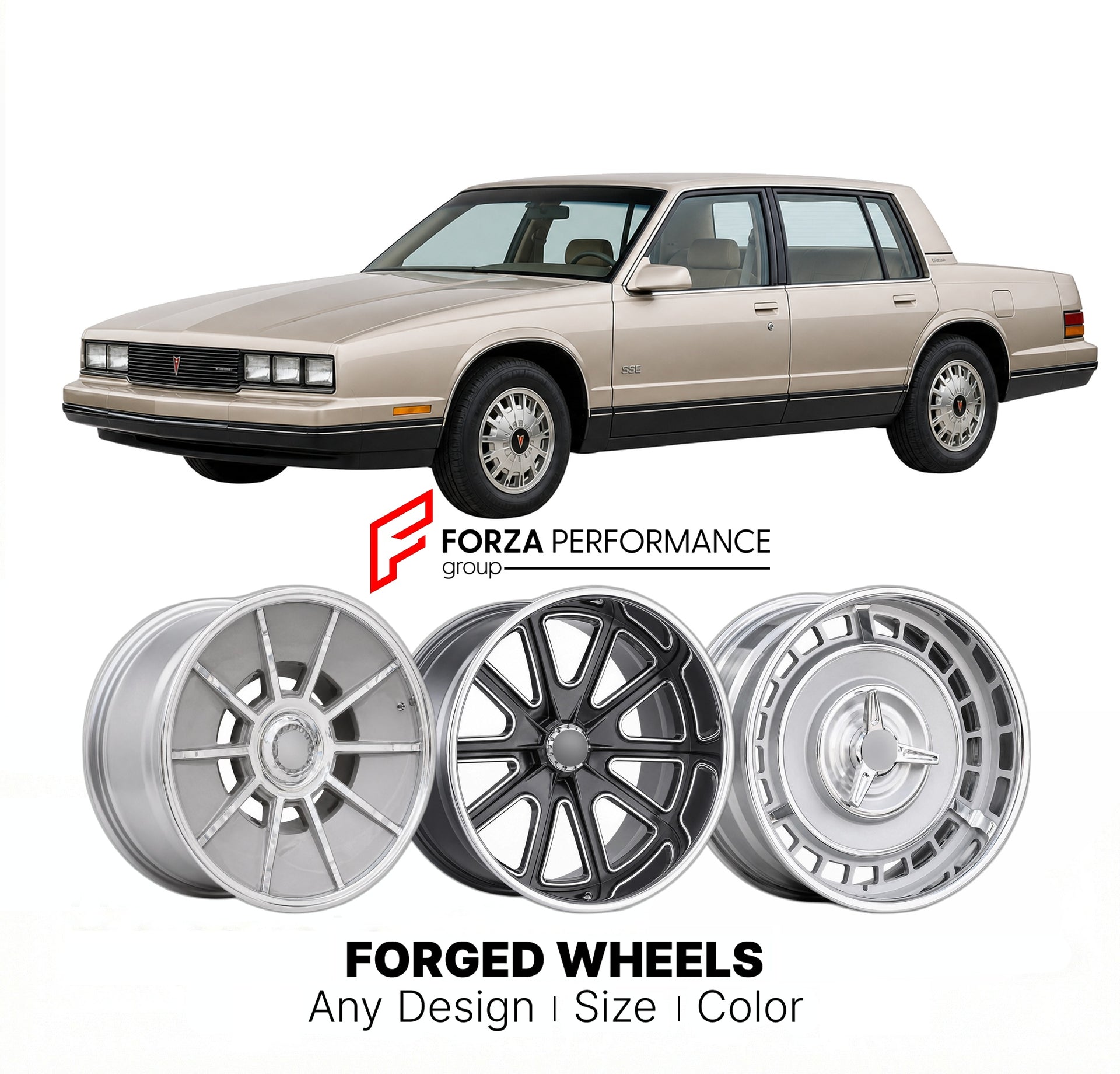 CUSTOM CLASSIC VINTAGE RESTOMOD RETRO OLD SCHOOL FORGED WHEELS RIMS for PONTIAC BONNEVILLE SSE 1987 - 1989
Custom forged wheels for classic American muscle cars. Ideal for restomod builds, vintage restorations, and show cars. Deep dish and retro styling available.

We manufacture premium quality forged wheels rims for Pontiac Bonneville SSE 1987 - 1989 in any design, size, color.

THIS WHEEL DESIGN CAN BE CUSTOM-MADE FOR YOUR CAR IN ANY SIZE AND COLOR OPTIONS
Available in monoblock, 2-piece, 3-piece, duoblo