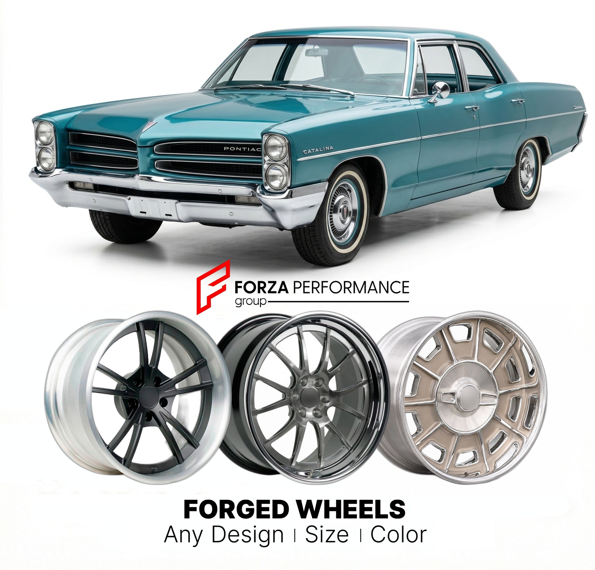 CUSTOM CLASSIC VINTAGE RESTOMOD RETRO OLD SCHOOL FORGED WHEELS RIMS for PONTIAC CATALINA 1965 - 1970
Custom forged wheels for classic American muscle cars. Ideal for restomod builds, vintage restorations, and show cars. Deep dish and retro styling available.

We manufacture premium quality forged wheels rims for Pontiac Catalina 1965 - 1970 in any design, size, color.

THIS WHEEL DESIGN CAN BE CUSTOM-MADE FOR YOUR CAR IN ANY SIZE AND COLOR OPTIONS
Available in monoblock, 2-piece, 3-piece, duoblock, beadlock