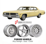 CUSTOM CLASSIC VINTAGE RESTOMOD RETRO OLD SCHOOL FORGED WHEELS RIMS for PONTIAC CATALINA 1971 - 1976
Custom forged wheels for classic American muscle cars. Ideal for restomod builds, vintage restorations, and show cars. Deep dish and retro styling available.

We manufacture premium quality forged wheels rims for Pontiac Catalina 1971 - 1976 in any design, size, color.

THIS WHEEL DESIGN CAN BE CUSTOM-MADE FOR YOUR CAR IN ANY SIZE AND COLOR OPTIONS
Available in monoblock, 2-piece, 3-piece, duoblock, beadlock
