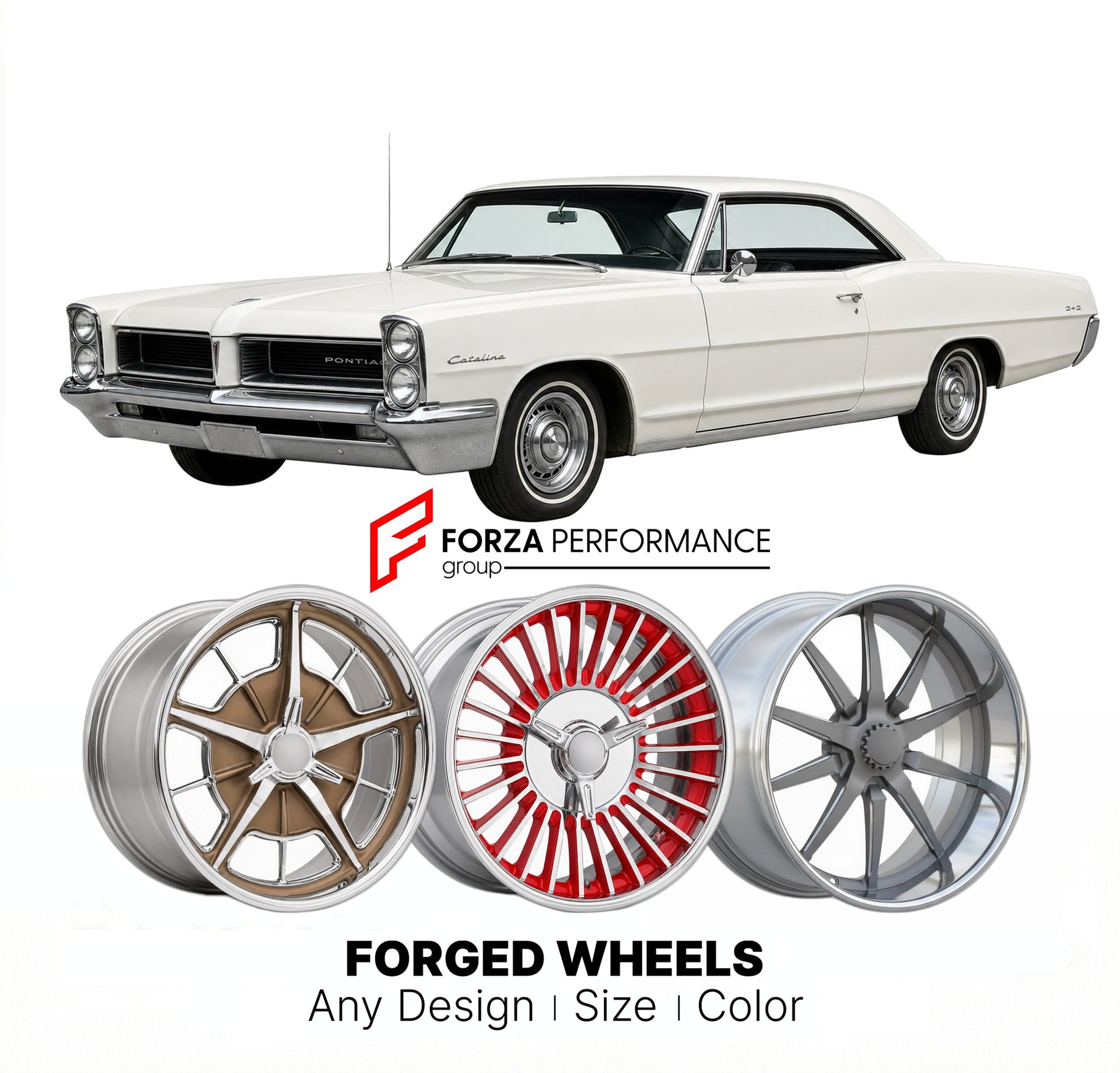 CUSTOM CLASSIC VINTAGE RESTOMOD RETRO OLD SCHOOL FORGED WHEELS RIMS for PONTIAC CATALINA 2+2 1964 - 1964
Custom forged wheels for classic American muscle cars. Ideal for restomod builds, vintage restorations, and show cars. Deep dish and retro styling available.

We manufacture premium quality forged wheels rims for Pontiac Catalina 2+2 1964 - 1964 in any design, size, color.

THIS WHEEL DESIGN CAN BE CUSTOM-MADE FOR YOUR CAR IN ANY SIZE AND COLOR OPTIONS
Available in monoblock, 2-piece, 3-piece, duoblock, 