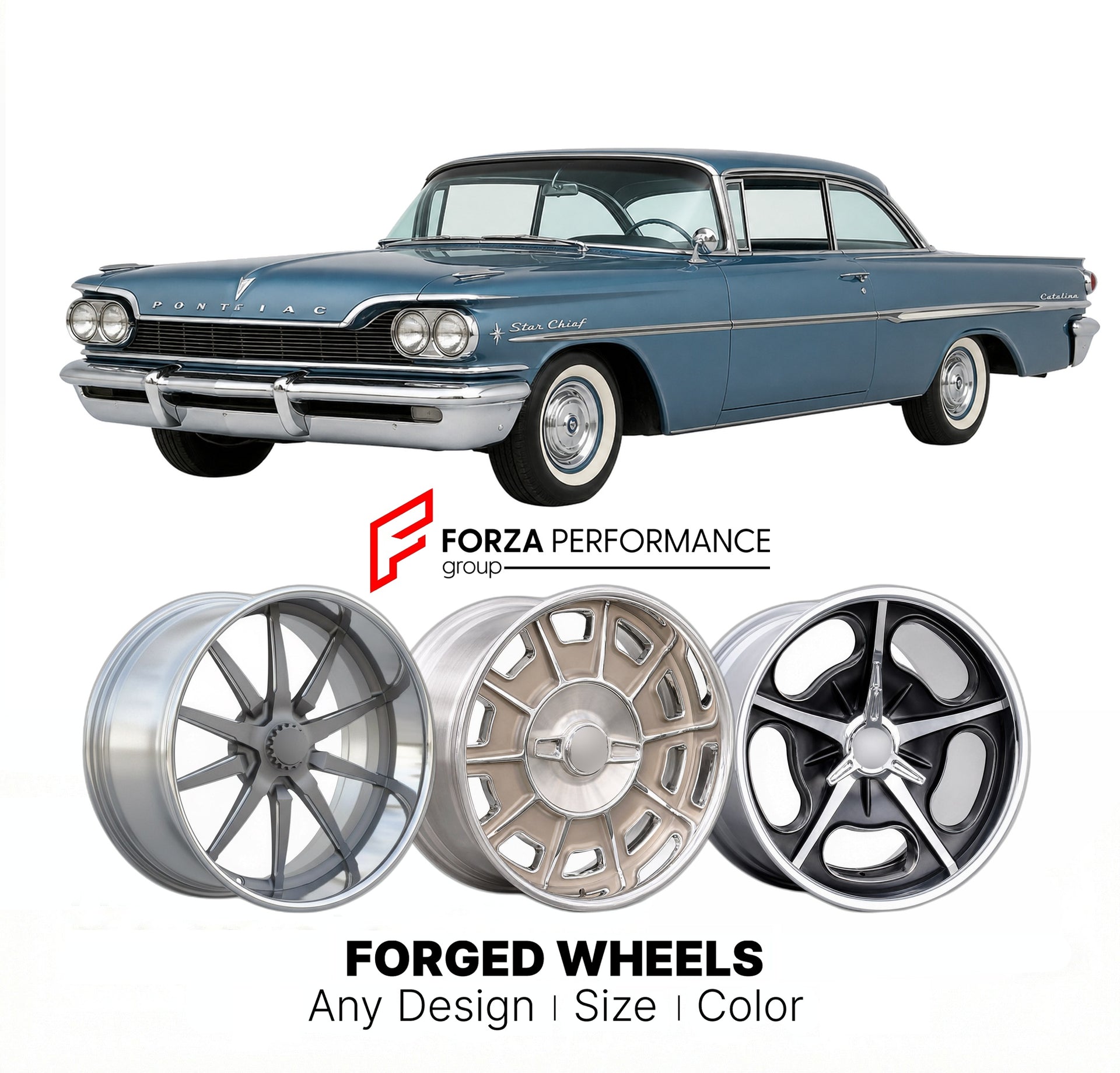 CUSTOM CLASSIC VINTAGE RESTOMOD RETRO OLD SCHOOL FORGED WHEELS RIMS for PONTIAC CATALINA STAR CHIEF 1959 - 1960
Custom forged wheels for classic American muscle cars. Ideal for restomod builds, vintage restorations, and show cars. Deep dish and retro styling available.

We manufacture premium quality forged wheels rims for Pontiac Catalina Star Chief 1959 - 1960 in any design, size, color.

THIS WHEEL DESIGN CAN BE CUSTOM-MADE FOR YOUR CAR IN ANY SIZE AND COLOR OPTIONS
Available in monoblock, 2-piece, 3-pie