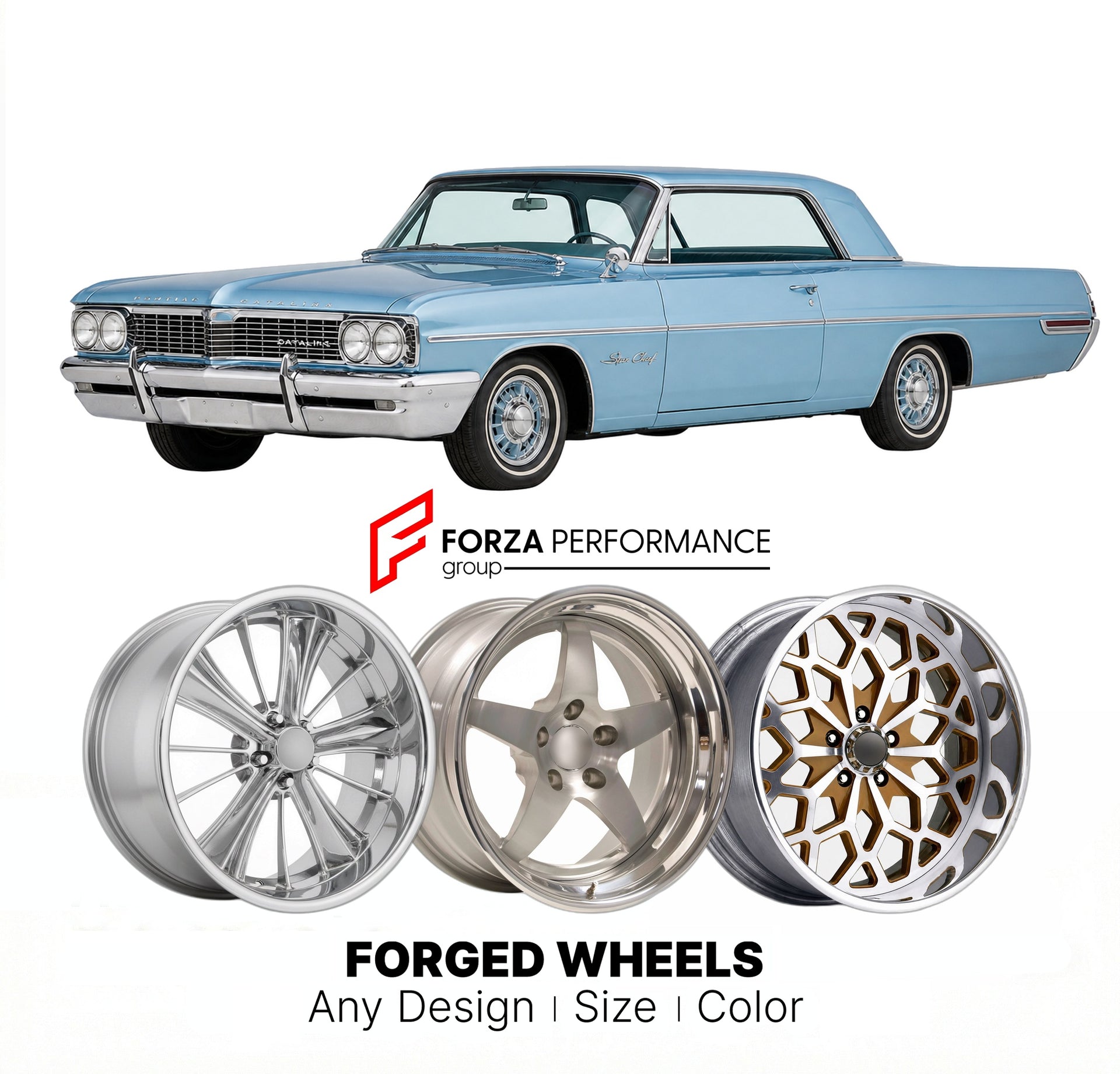 CUSTOM CLASSIC VINTAGE RESTOMOD RETRO OLD SCHOOL FORGED WHEELS RIMS for PONTIAC CATALINA STAR CHIEF 1961 - 1964
Custom forged wheels for classic American muscle cars. Ideal for restomod builds, vintage restorations, and show cars. Deep dish and retro styling available.

We manufacture premium quality forged wheels rims for Pontiac Catalina Star Chief 1961 - 1964 in any design, size, color.

THIS WHEEL DESIGN CAN BE CUSTOM-MADE FOR YOUR CAR IN ANY SIZE AND COLOR OPTIONS
Available in monoblock, 2-piece, 3-pie