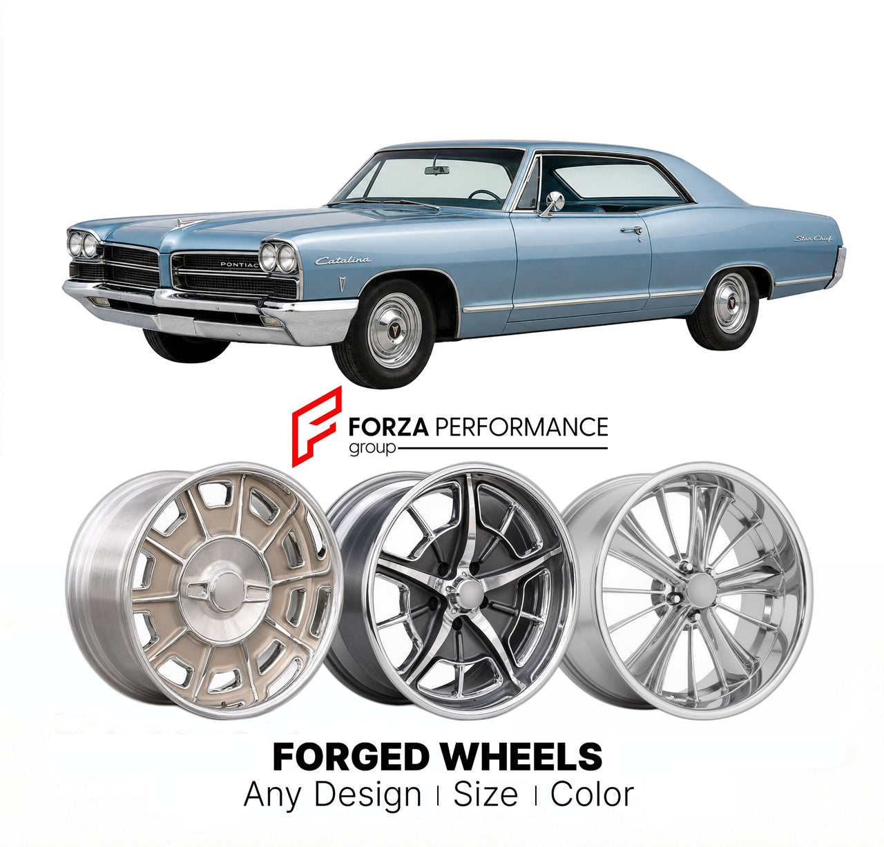 CUSTOM CLASSIC VINTAGE RESTOMOD RETRO OLD SCHOOL FORGED WHEELS RIMS for PONTIAC CATALINA STAR CHIEF 1965 - 1966
Custom forged wheels for classic American muscle cars. Ideal for restomod builds, vintage restorations, and show cars. Deep dish and retro styling available.

We manufacture premium quality forged wheels rims for Pontiac Catalina Star Chief 1965 - 1966 in any design, size, color.

THIS WHEEL DESIGN CAN BE CUSTOM-MADE FOR YOUR CAR IN ANY SIZE AND COLOR OPTIONS
Available in monoblock, 2-piece, 3-pie