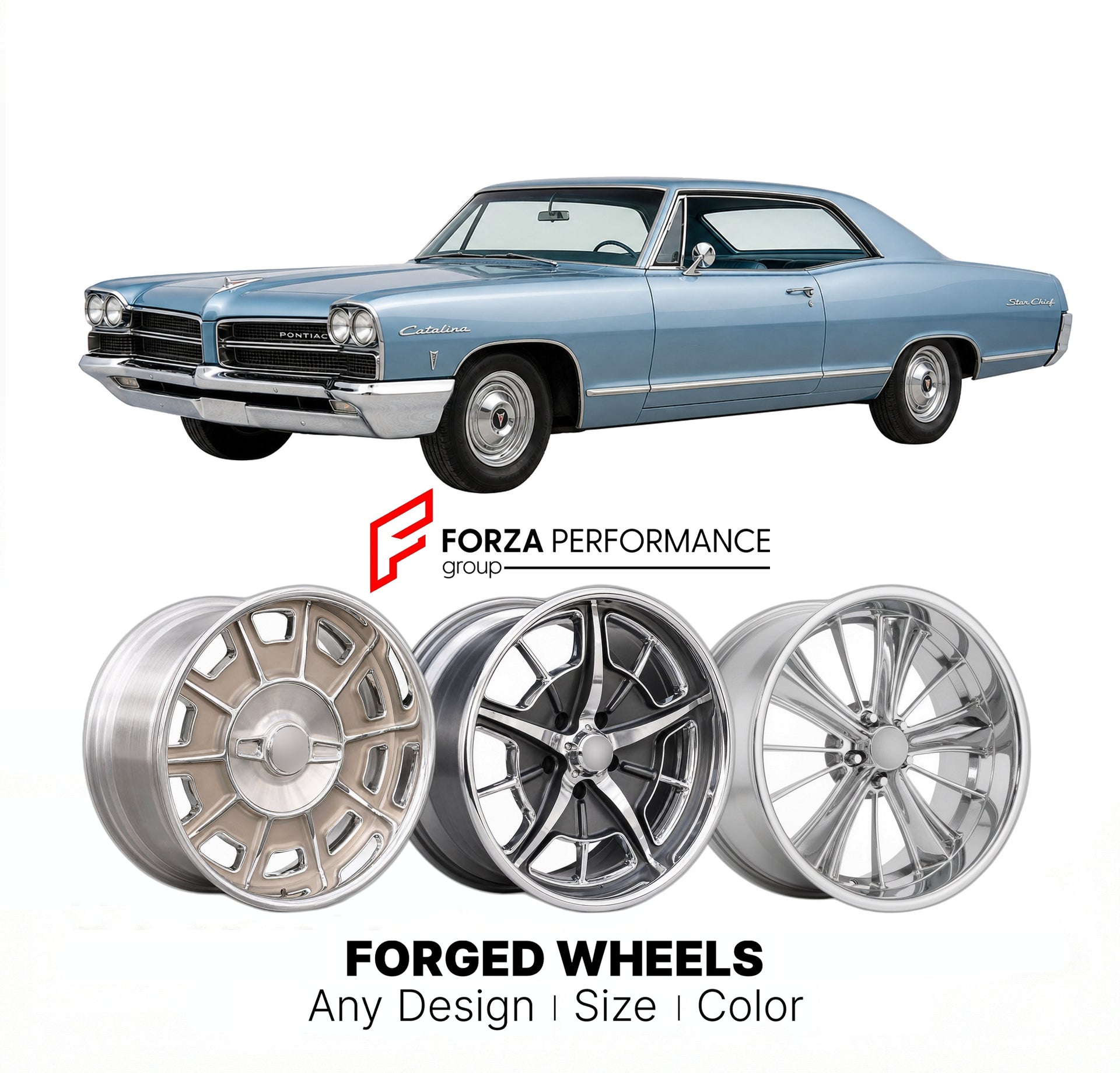 CUSTOM CLASSIC VINTAGE RESTOMOD RETRO OLD SCHOOL FORGED WHEELS RIMS for PONTIAC CATALINA STAR CHIEF 1965 - 1966
Custom forged wheels for classic American muscle cars. Ideal for restomod builds, vintage restorations, and show cars. Deep dish and retro styling available.

We manufacture premium quality forged wheels rims for Pontiac Catalina Star Chief 1965 - 1966 in any design, size, color.

THIS WHEEL DESIGN CAN BE CUSTOM-MADE FOR YOUR CAR IN ANY SIZE AND COLOR OPTIONS
Available in monoblock, 2-piece, 3-pie