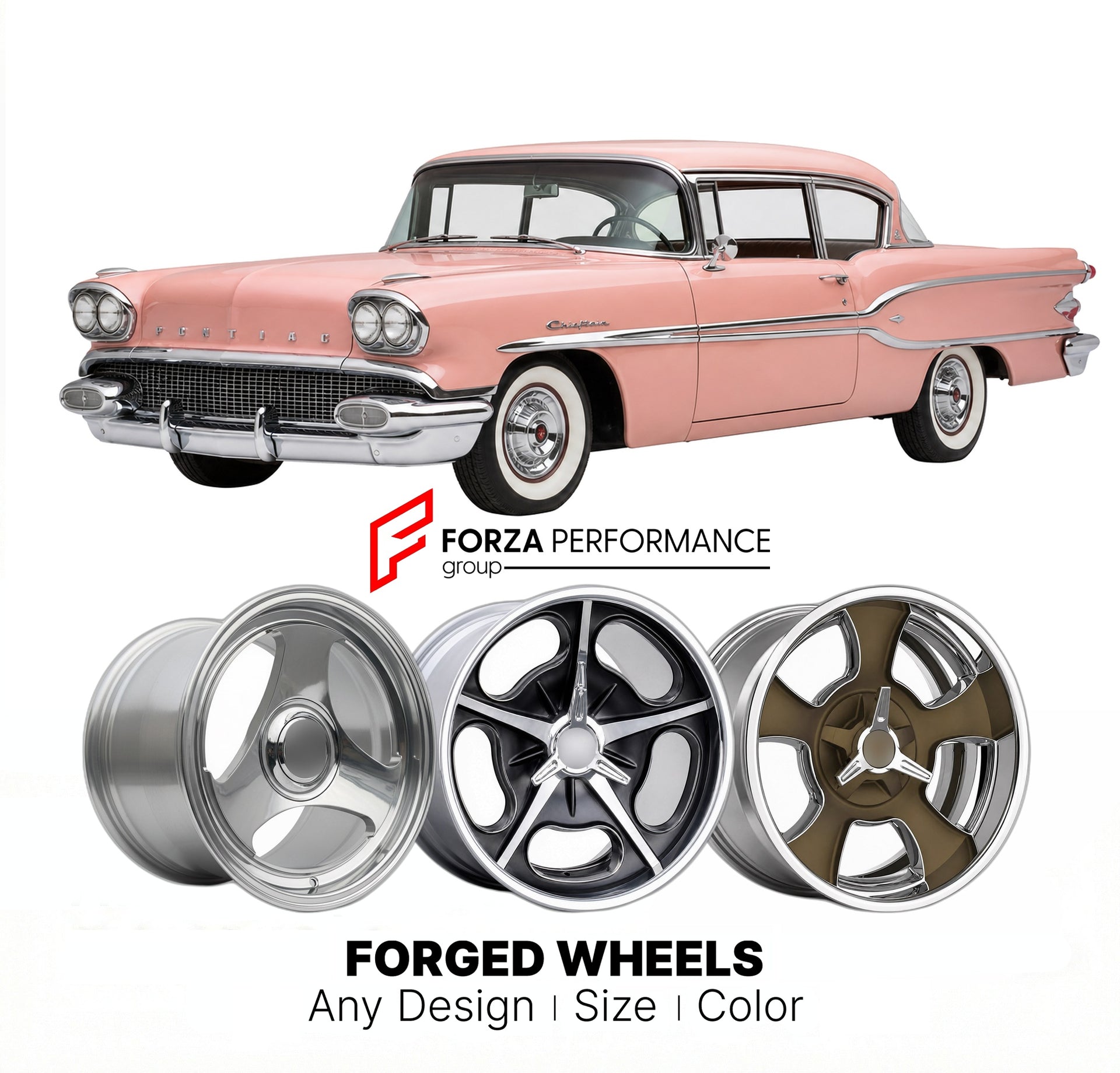 CUSTOM CLASSIC VINTAGE RESTOMOD RETRO OLD SCHOOL FORGED WHEELS RIMS for PONTIAC CHIEFTAIN 1958 - 1958
Custom forged wheels for classic American muscle cars. Ideal for restomod builds, vintage restorations, and show cars. Deep dish and retro styling available.

We manufacture premium quality forged wheels rims for Pontiac Chieftain 1958 - 1958 in any design, size, color.

THIS WHEEL DESIGN CAN BE CUSTOM-MADE FOR YOUR CAR IN ANY SIZE AND COLOR OPTIONS
Available in monoblock, 2-piece, 3-piece, duoblock, beadlo