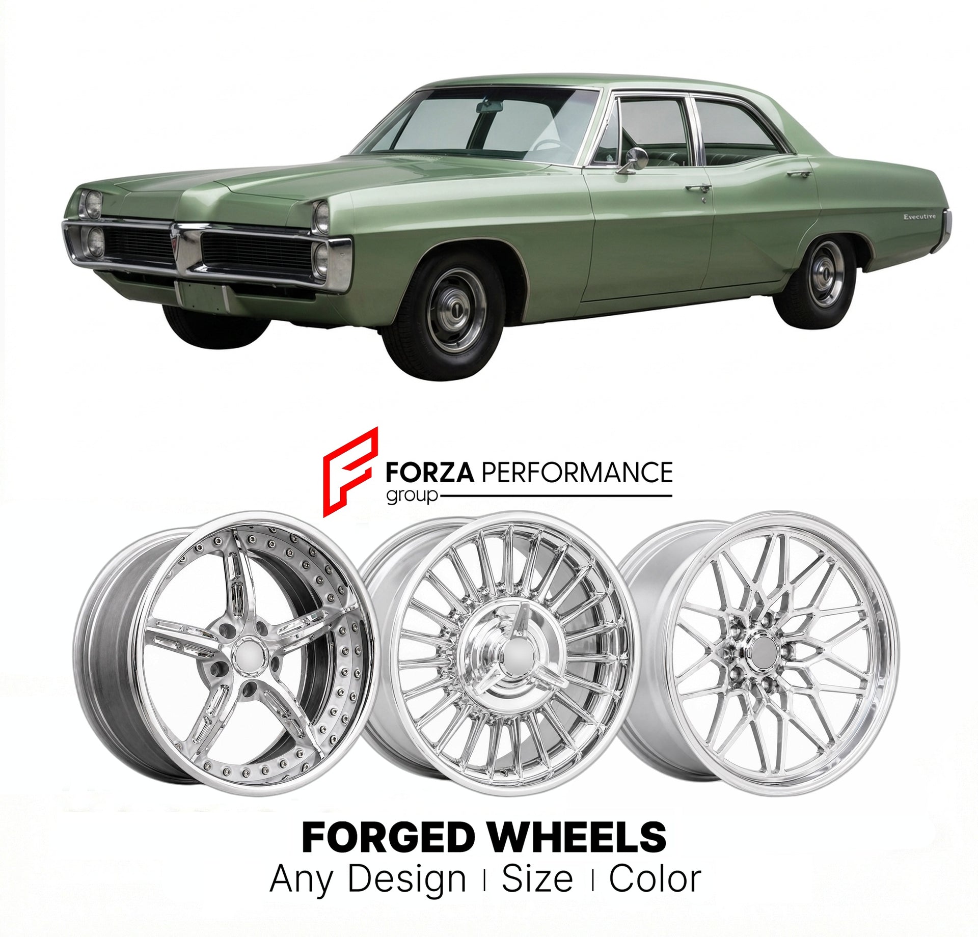CUSTOM CLASSIC VINTAGE RESTOMOD RETRO OLD SCHOOL FORGED WHEELS RIMS for PONTIAC EXECUTIVE 1967 - 1970
Custom forged wheels for classic American muscle cars. Ideal for restomod builds, vintage restorations, and show cars. Deep dish and retro styling available.

We manufacture premium quality forged wheels rims for Pontiac Executive 1967 - 1970 in any design, size, color.

THIS WHEEL DESIGN CAN BE CUSTOM-MADE FOR YOUR CAR IN ANY SIZE AND COLOR OPTIONS
Available in monoblock, 2-piece, 3-piece, duoblock, beadlo