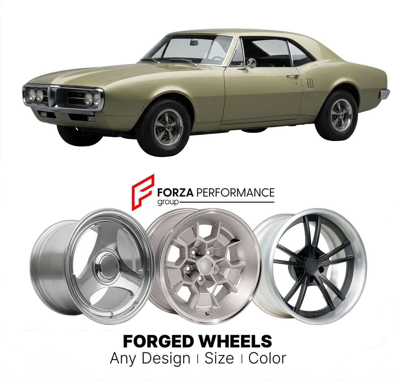 CUSTOM CLASSIC VINTAGE RESTOMOD RETRO OLD SCHOOL FORGED WHEELS RIMS for PONTIAC FIREBIRD 1967 - 1969
Custom forged wheels for classic American muscle cars. Ideal for restomod builds, vintage restorations, and show cars. Deep dish and retro styling available.

We manufacture premium quality forged wheels rims for Pontiac Firebird 1967 - 1969 in any design, size, color.

THIS WHEEL DESIGN CAN BE CUSTOM-MADE FOR YOUR CAR IN ANY SIZE AND COLOR OPTIONS
Available in monoblock, 2-piece, 3-piece, duoblock, beadlock