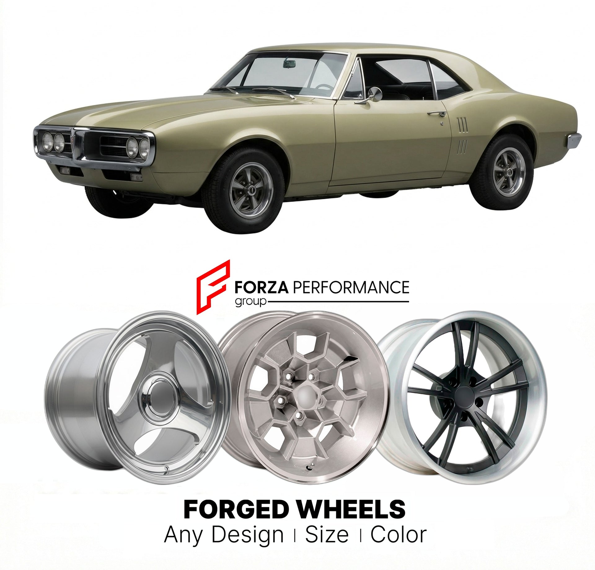 CUSTOM CLASSIC VINTAGE RESTOMOD RETRO OLD SCHOOL FORGED WHEELS RIMS for PONTIAC FIREBIRD 1967 - 1969
Custom forged wheels for classic American muscle cars. Ideal for restomod builds, vintage restorations, and show cars. Deep dish and retro styling available.

We manufacture premium quality forged wheels rims for Pontiac Firebird 1967 - 1969 in any design, size, color.

THIS WHEEL DESIGN CAN BE CUSTOM-MADE FOR YOUR CAR IN ANY SIZE AND COLOR OPTIONS
Available in monoblock, 2-piece, 3-piece, duoblock, beadlock