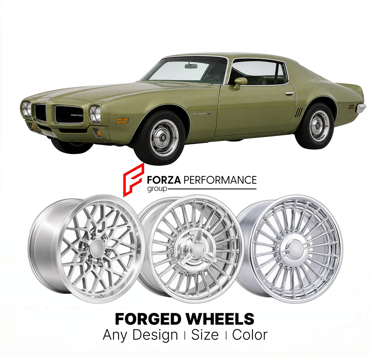 CUSTOM CLASSIC VINTAGE RESTOMOD RETRO OLD SCHOOL FORGED WHEELS RIMS for PONTIAC FIREBIRD 1970 - 1981
Custom forged wheels for classic American muscle cars. Ideal for restomod builds, vintage restorations, and show cars. Deep dish and retro styling available.

We manufacture premium quality forged wheels rims for Pontiac Firebird 1970 - 1981 in any design, size, color.

THIS WHEEL DESIGN CAN BE CUSTOM-MADE FOR YOUR CAR IN ANY SIZE AND COLOR OPTIONS
Available in monoblock, 2-piece, 3-piece, duoblock, beadlock