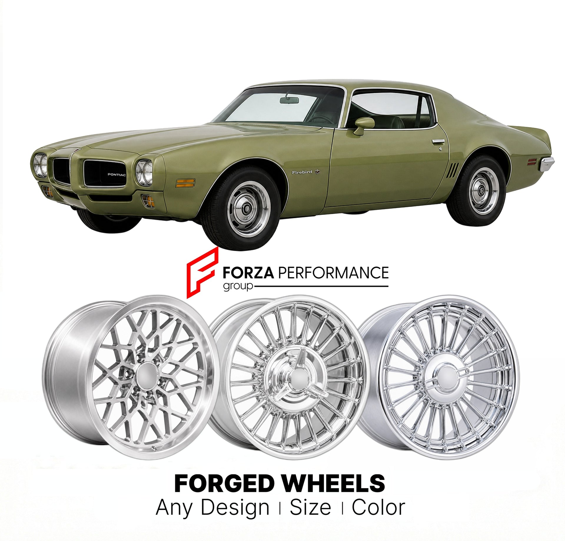 CUSTOM CLASSIC VINTAGE RESTOMOD RETRO OLD SCHOOL FORGED WHEELS RIMS for PONTIAC FIREBIRD 1970 - 1981
Custom forged wheels for classic American muscle cars. Ideal for restomod builds, vintage restorations, and show cars. Deep dish and retro styling available.

We manufacture premium quality forged wheels rims for Pontiac Firebird 1970 - 1981 in any design, size, color.

THIS WHEEL DESIGN CAN BE CUSTOM-MADE FOR YOUR CAR IN ANY SIZE AND COLOR OPTIONS
Available in monoblock, 2-piece, 3-piece, duoblock, beadlock