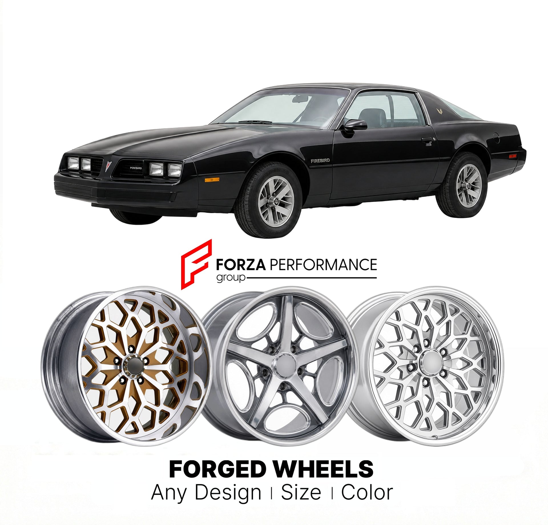 CUSTOM CLASSIC VINTAGE RESTOMOD RETRO OLD SCHOOL FORGED WHEELS RIMS for PONTIAC FIREBIRD 1982 - 1990
Custom forged wheels for classic American muscle cars. Ideal for restomod builds, vintage restorations, and show cars. Deep dish and retro styling available.

We manufacture premium quality forged wheels rims for Pontiac Firebird 1982 - 1990 in any design, size, color.

THIS WHEEL DESIGN CAN BE CUSTOM-MADE FOR YOUR CAR IN ANY SIZE AND COLOR OPTIONS
Available in monoblock, 2-piece, 3-piece, duoblock, beadlock