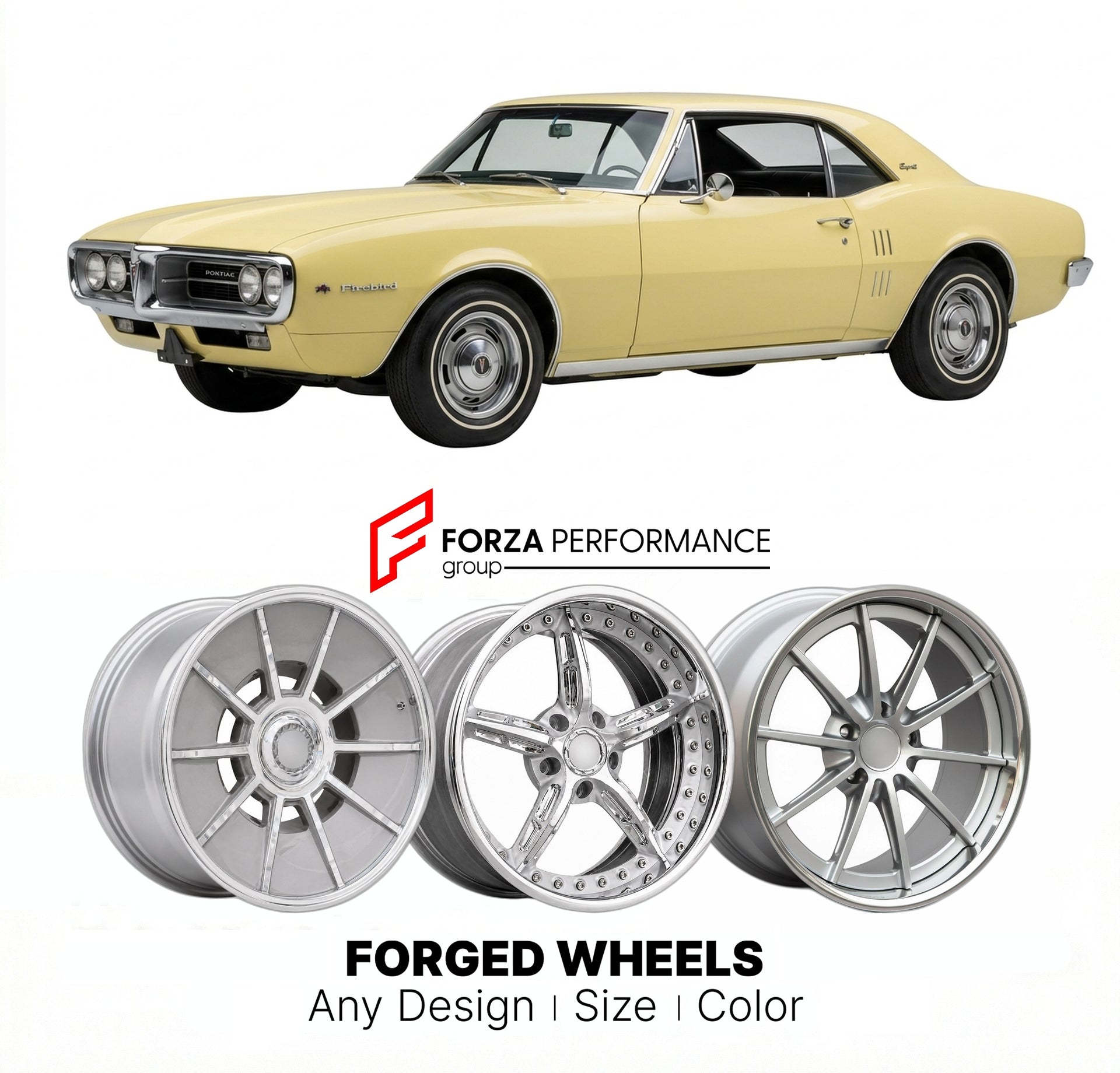 CUSTOM CLASSIC VINTAGE RESTOMOD RETRO OLD SCHOOL FORGED WHEELS RIMS for PONTIAC FIREBIRD ESPRIT 1967 - 1969
Custom forged wheels for classic American muscle cars. Ideal for restomod builds, vintage restorations, and show cars. Deep dish and retro styling available.

We manufacture premium quality forged wheels rims for Pontiac Firebird Esprit 1967 - 1969 in any design, size, color.

THIS WHEEL DESIGN CAN BE CUSTOM-MADE FOR YOUR CAR IN ANY SIZE AND COLOR OPTIONS
Available in monoblock, 2-piece, 3-piece, duob