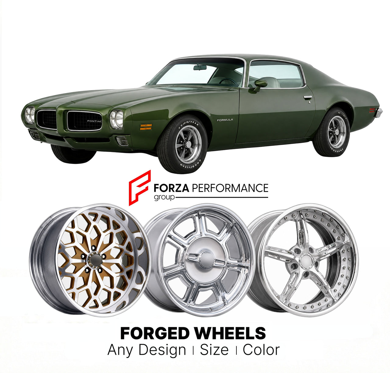 CUSTOM CLASSIC VINTAGE RESTOMOD RETRO OLD SCHOOL FORGED WHEELS RIMS for PONTIAC FIREBIRD FORMULA 1970 - 1981
Custom forged wheels for classic American muscle cars. Ideal for restomod builds, vintage restorations, and show cars. Deep dish and retro styling available.

We manufacture premium quality forged wheels rims for Pontiac Firebird Formula 1970 - 1981 in any design, size, color.

THIS WHEEL DESIGN CAN BE CUSTOM-MADE FOR YOUR CAR IN ANY SIZE AND COLOR OPTIONS
Available in monoblock, 2-piece, 3-piece, du