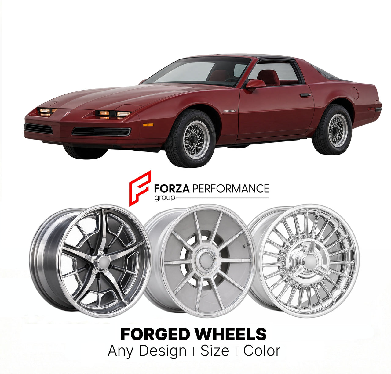 CUSTOM CLASSIC VINTAGE RESTOMOD RETRO OLD SCHOOL FORGED WHEELS RIMS for PONTIAC FIREBIRD FORMULA 1982 - 1990
Custom forged wheels for classic American muscle cars. Ideal for restomod builds, vintage restorations, and show cars. Deep dish and retro styling available.

We manufacture premium quality forged wheels rims for Pontiac Firebird Formula 1982 - 1990 in any design, size, color.

THIS WHEEL DESIGN CAN BE CUSTOM-MADE FOR YOUR CAR IN ANY SIZE AND COLOR OPTIONS
Available in monoblock, 2-piece, 3-piece, du