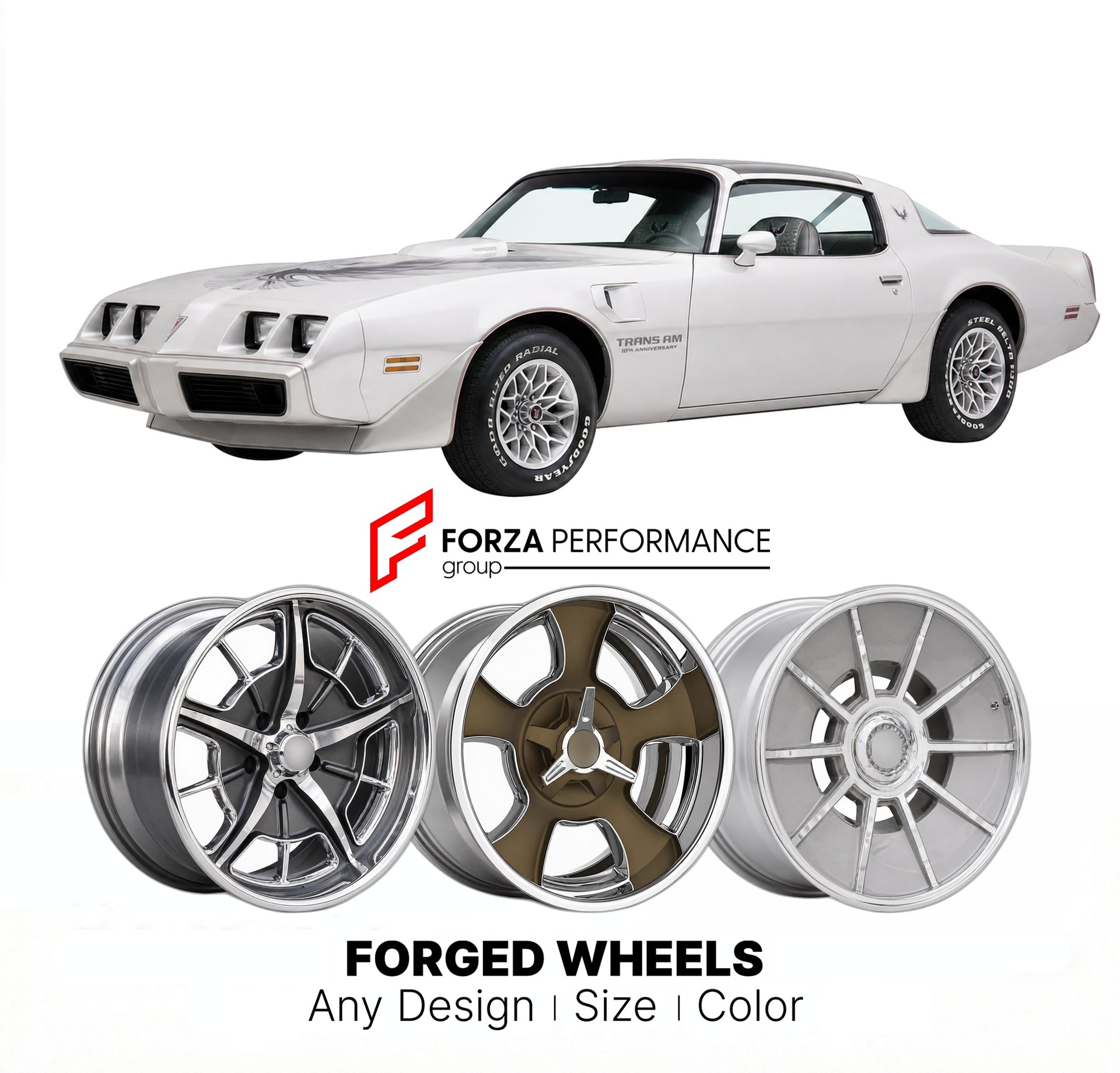 CUSTOM CLASSIC VINTAGE RESTOMOD RETRO OLD SCHOOL FORGED WHEELS RIMS for PONTIAC FIREBIRD TRANS AM 10TH ANNIVERSARY 1979 - 1979
Custom forged wheels for classic American muscle cars. Ideal for restomod builds, vintage restorations, and show cars. Deep dish and retro styling available.

We manufacture premium quality forged wheels rims for Pontiac Firebird Trans Am 10th Anniversary 1979 - 1979 in any design, size, color.

THIS WHEEL DESIGN CAN BE CUSTOM-MADE FOR YOUR CAR IN ANY SIZE AND COLOR OPTIONS
Availabl