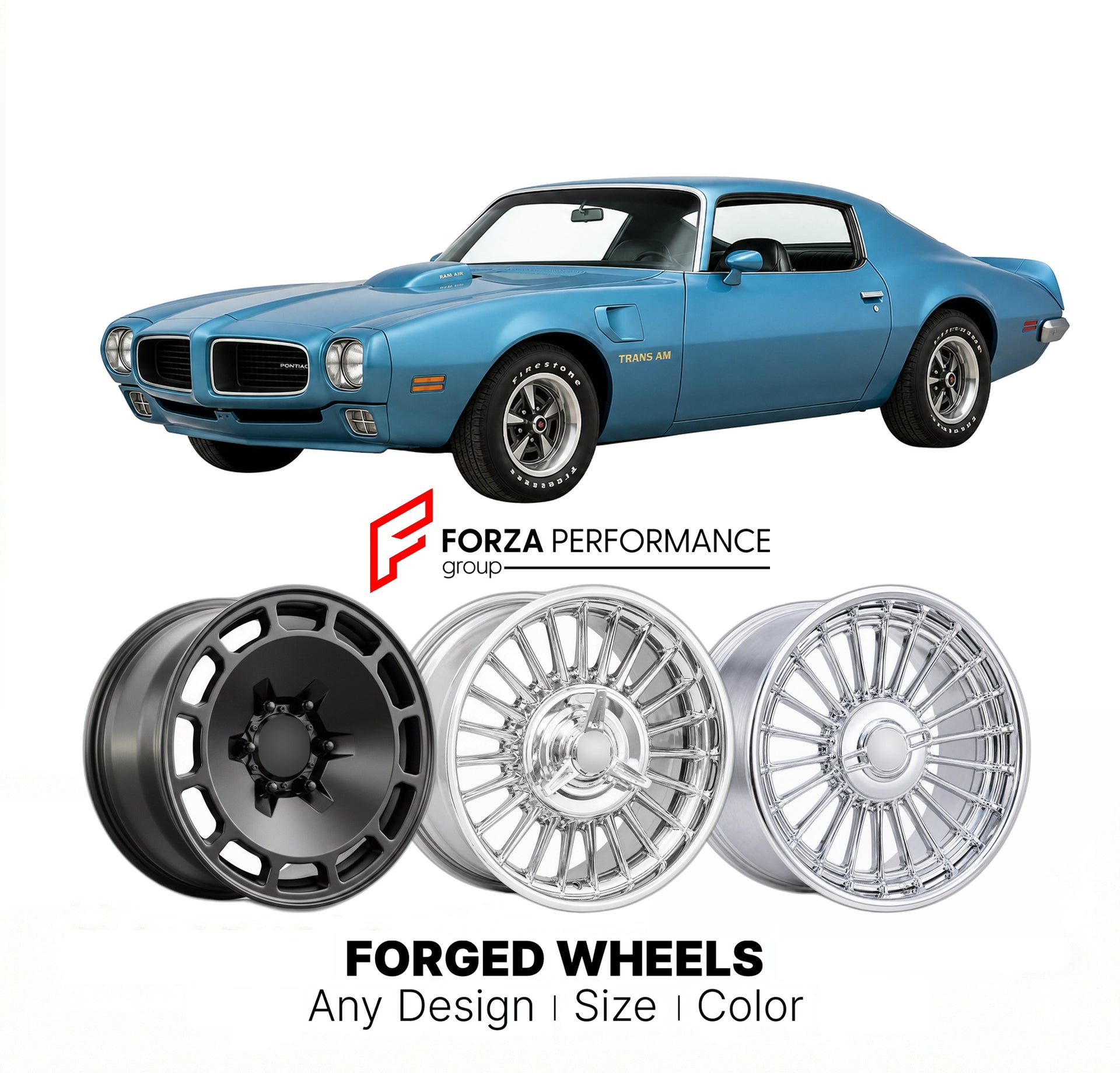 CUSTOM CLASSIC VINTAGE RESTOMOD RETRO OLD SCHOOL FORGED WHEELS RIMS for PONTIAC FIREBIRD TRANS AM 1970 - 1981
Custom forged wheels for classic American muscle cars. Ideal for restomod builds, vintage restorations, and show cars. Deep dish and retro styling available.

We manufacture premium quality forged wheels rims for Pontiac Firebird Trans Am 1970 - 1981 in any design, size, color.

THIS WHEEL DESIGN CAN BE CUSTOM-MADE FOR YOUR CAR IN ANY SIZE AND COLOR OPTIONS
Available in monoblock, 2-piece, 3-piece, 