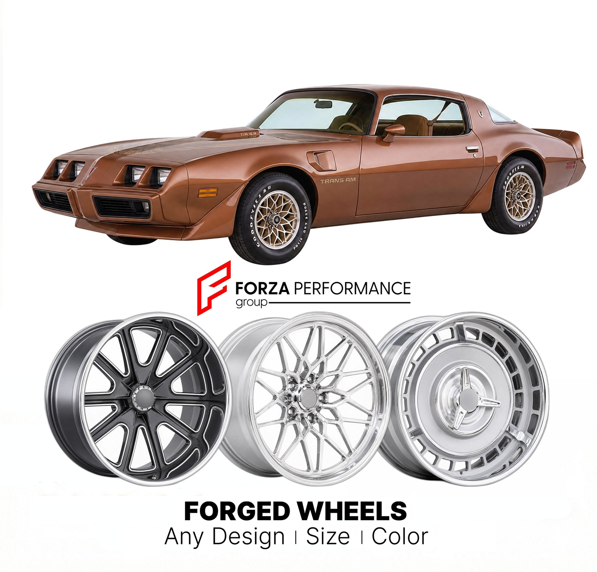 CUSTOM CLASSIC VINTAGE RESTOMOD RETRO OLD SCHOOL FORGED WHEELS RIMS for PONTIAC FIREBIRD TRANS AM 1982 - 1990
Custom forged wheels for classic American muscle cars. Ideal for restomod builds, vintage restorations, and show cars. Deep dish and retro styling available.

We manufacture premium quality forged wheels rims for Pontiac Firebird Trans Am 1982 - 1990 in any design, size, color.

THIS WHEEL DESIGN CAN BE CUSTOM-MADE FOR YOUR CAR IN ANY SIZE AND COLOR OPTIONS
Available in monoblock, 2-piece, 3-piece, 