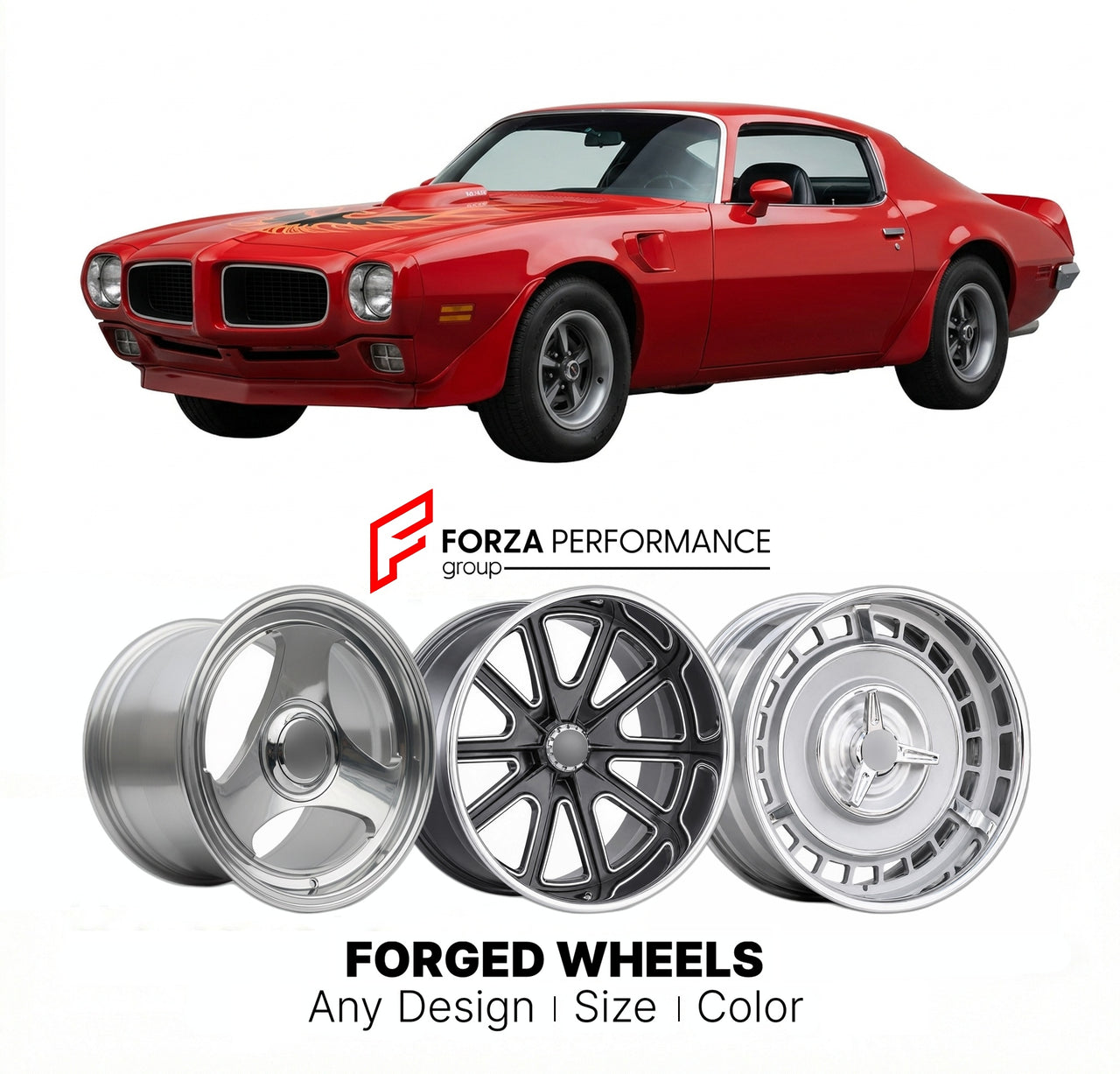 CUSTOM CLASSIC VINTAGE RESTOMOD RETRO OLD SCHOOL FORGED WHEELS RIMS for PONTIAC FIREBIRD TRANS AM SD-455 1973 - 1974
Custom forged wheels for classic American muscle cars. Ideal for restomod builds, vintage restorations, and show cars. Deep dish and retro styling available.

We manufacture premium quality forged wheels rims for Pontiac Firebird Trans Am SD-455 1973 - 1974 in any design, size, color.

THIS WHEEL DESIGN CAN BE CUSTOM-MADE FOR YOUR CAR IN ANY SIZE AND COLOR OPTIONS
Available in monoblock, 2-pi