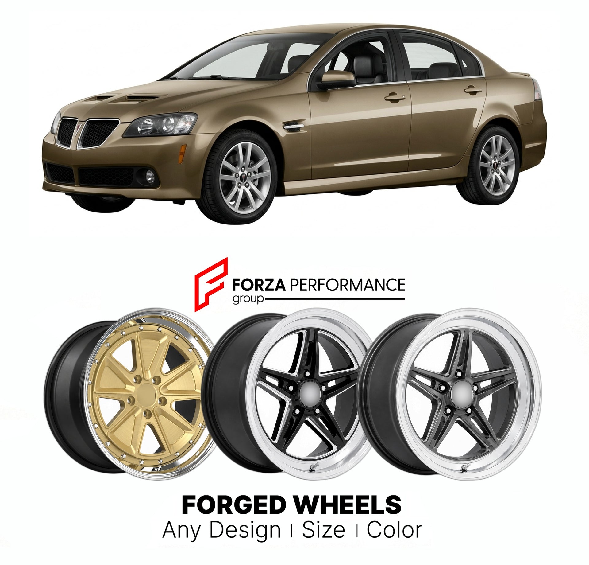 FORGED WHEELS RIMS for PONTIAC G8 2008 - 2009

Custom forged wheels for Pontiac G8 2008 - 2009. Made-to-order monoblock, 2-piece and 3-piece rims in custom sizes, offsets, colors and finishes with guaranteed fitment.

We manufacture premium quality forged wheels rims for Pontiac G8 2008 - 2009 in any design, size, color.

THIS WHEEL DESIGN CAN BE CUSTOM-MADE FOR YOUR CAR IN ANY SIZE AND COLOR OPTIONS
Available in monoblock, 2-piece, 3-piece, duoblock, beadlock
3D wheel renderings are provided according to t