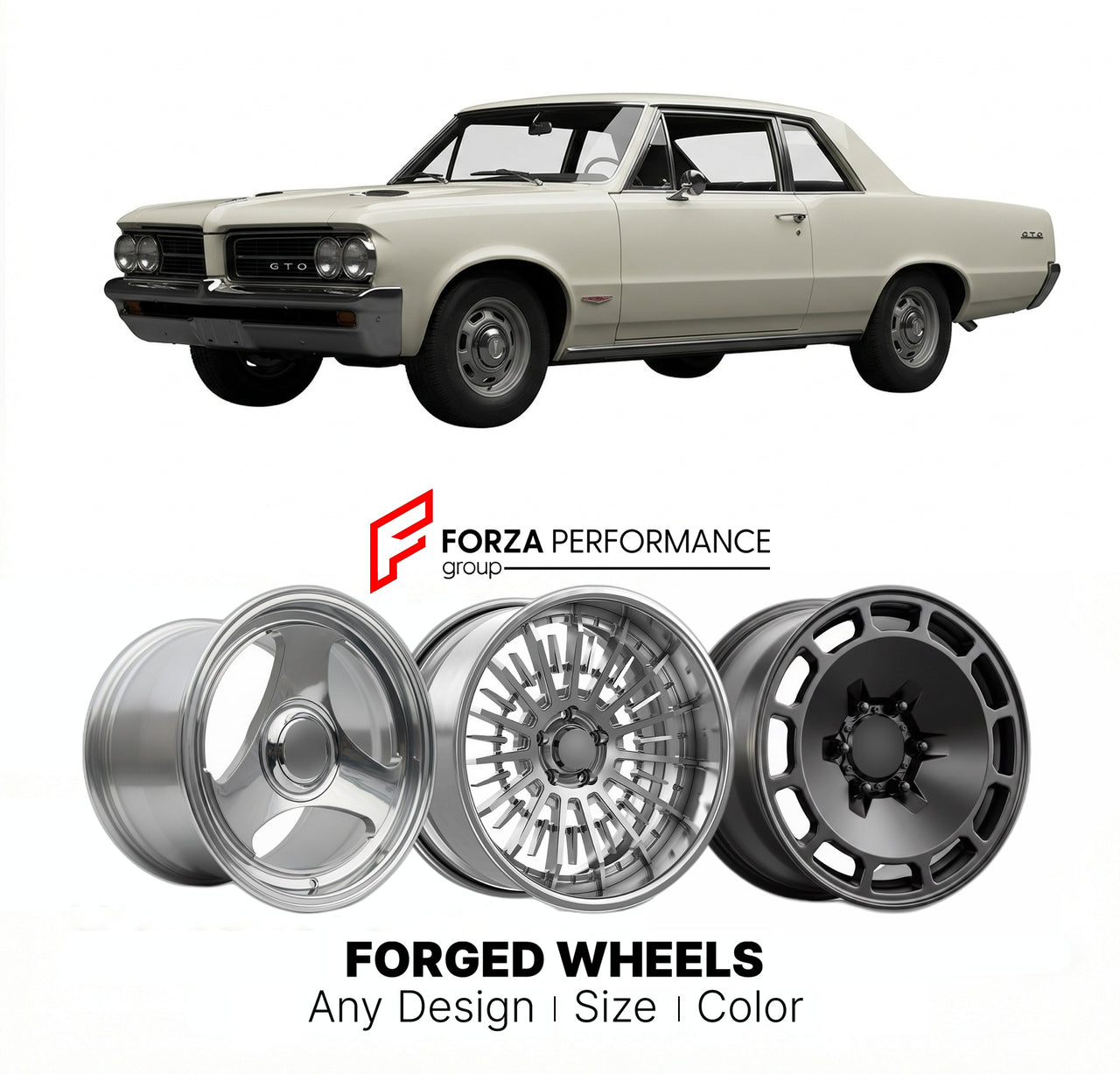 CUSTOM CLASSIC VINTAGE RESTOMOD RETRO OLD SCHOOL FORGED WHEELS RIMS for PONTIAC GTO 1964 - 1967
Custom forged wheels for classic American muscle cars. Ideal for restomod builds, vintage restorations, and show cars. Deep dish and retro styling available.

We manufacture premium quality forged wheels rims for Pontiac GTO 1964 - 1967 in any design, size, color.

THIS WHEEL DESIGN CAN BE CUSTOM-MADE FOR YOUR CAR IN ANY SIZE AND COLOR OPTIONS
Available in monoblock, 2-piece, 3-piece, duoblock, beadlock
3D wheel 