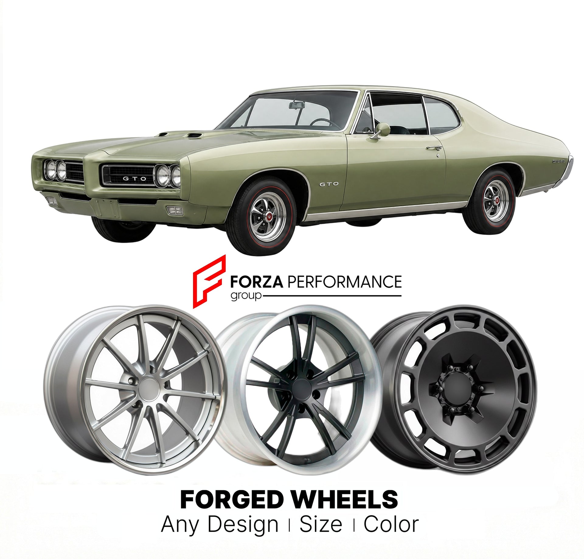 CUSTOM CLASSIC VINTAGE RESTOMOD RETRO OLD SCHOOL FORGED WHEELS RIMS for PONTIAC GTO 1968 - 1972
Custom forged wheels for classic American muscle cars. Ideal for restomod builds, vintage restorations, and show cars. Deep dish and retro styling available.

We manufacture premium quality forged wheels rims for Pontiac GTO 1968 - 1972 in any design, size, color.

THIS WHEEL DESIGN CAN BE CUSTOM-MADE FOR YOUR CAR IN ANY SIZE AND COLOR OPTIONS
Available in monoblock, 2-piece, 3-piece, duoblock, beadlock
3D wheel 