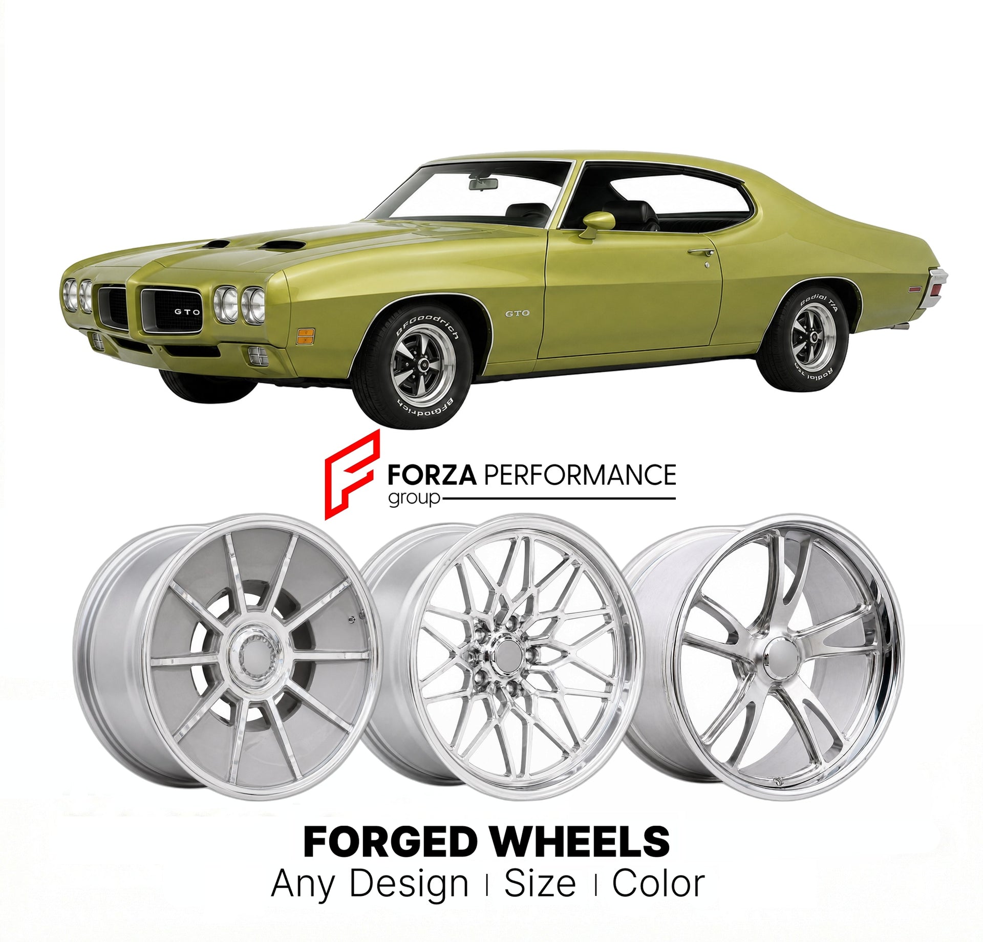 CUSTOM CLASSIC VINTAGE RESTOMOD RETRO OLD SCHOOL FORGED WHEELS RIMS for PONTIAC GTO 1973 - 1974
Custom forged wheels for classic American muscle cars. Ideal for restomod builds, vintage restorations, and show cars. Deep dish and retro styling available.

We manufacture premium quality forged wheels rims for Pontiac GTO 1973 - 1974 in any design, size, color.

THIS WHEEL DESIGN CAN BE CUSTOM-MADE FOR YOUR CAR IN ANY SIZE AND COLOR OPTIONS
Available in monoblock, 2-piece, 3-piece, duoblock, beadlock
3D wheel 