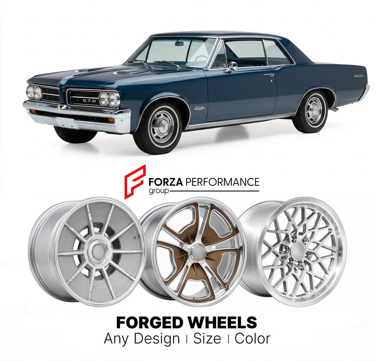 CUSTOM CLASSIC VINTAGE RESTOMOD RETRO OLD SCHOOL FORGED WHEELS RIMS for PONTIAC GTO 400 1964 - 1967
Custom forged wheels for classic American muscle cars. Ideal for restomod builds, vintage restorations, and show cars. Deep dish and retro styling available.

We manufacture premium quality forged wheels rims for Pontiac GTO 400 1964 - 1967 in any design, size, color.

THIS WHEEL DESIGN CAN BE CUSTOM-MADE FOR YOUR CAR IN ANY SIZE AND COLOR OPTIONS
Available in monoblock, 2-piece, 3-piece, duoblock, beadlock
3