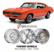 CUSTOM CLASSIC VINTAGE RESTOMOD RETRO OLD SCHOOL FORGED WHEELS RIMS for PONTIAC GTO JUDGE 1969 - 1971
Custom forged wheels for classic American muscle cars. Ideal for restomod builds, vintage restorations, and show cars. Deep dish and retro styling available.

We manufacture premium quality forged wheels rims for Pontiac GTO Judge 1969 - 1971 in any design, size, color.

THIS WHEEL DESIGN CAN BE CUSTOM-MADE FOR YOUR CAR IN ANY SIZE AND COLOR OPTIONS
Available in monoblock, 2-piece, 3-piece, duoblock, beadlo